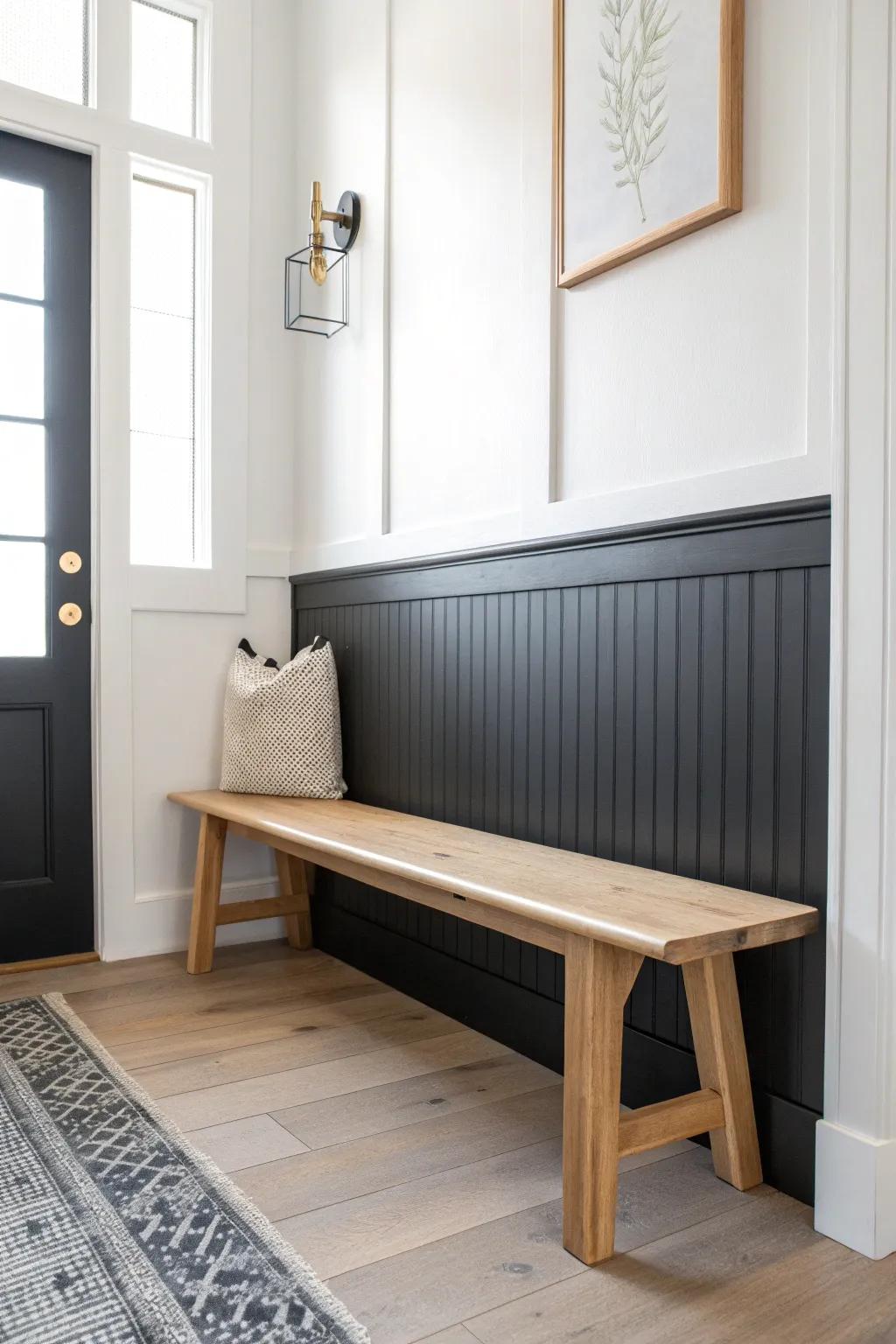 Budget faux black wainscoting + crisp white walls—tape, trim, and a luxe millwork look.