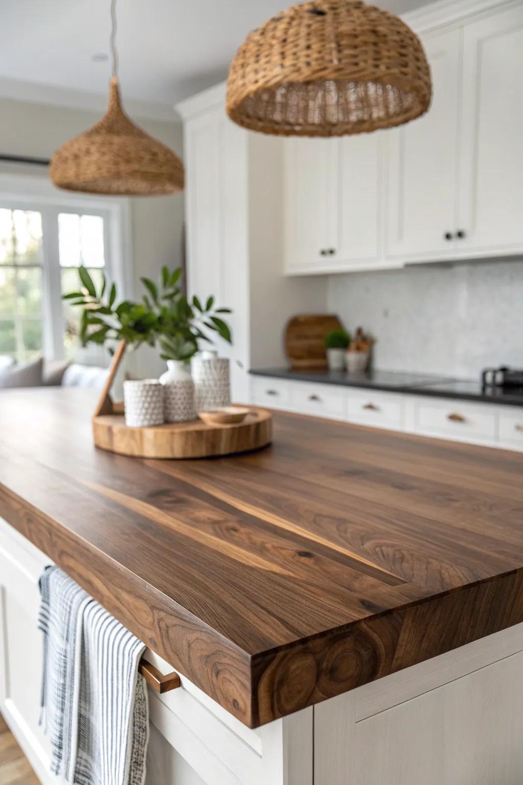 A black walnut island countertop brings warm contrast and timeless craftsmanship to a light kitchen.