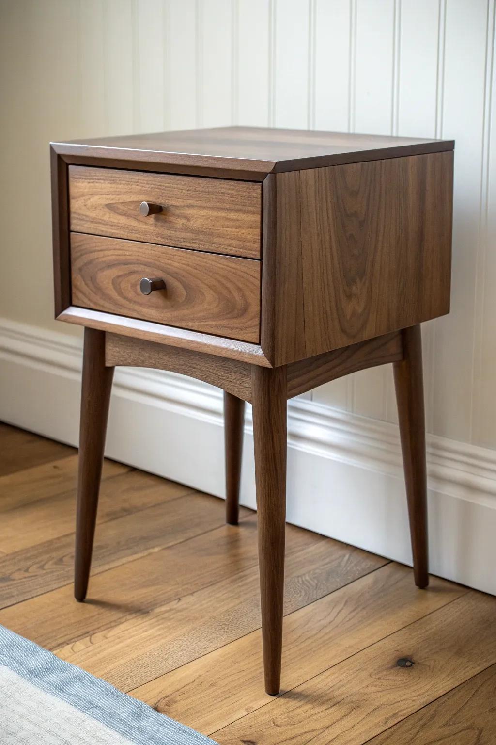 Simple black walnut nightstand with a thin top and statement grain drawer—weekend heirloom build.