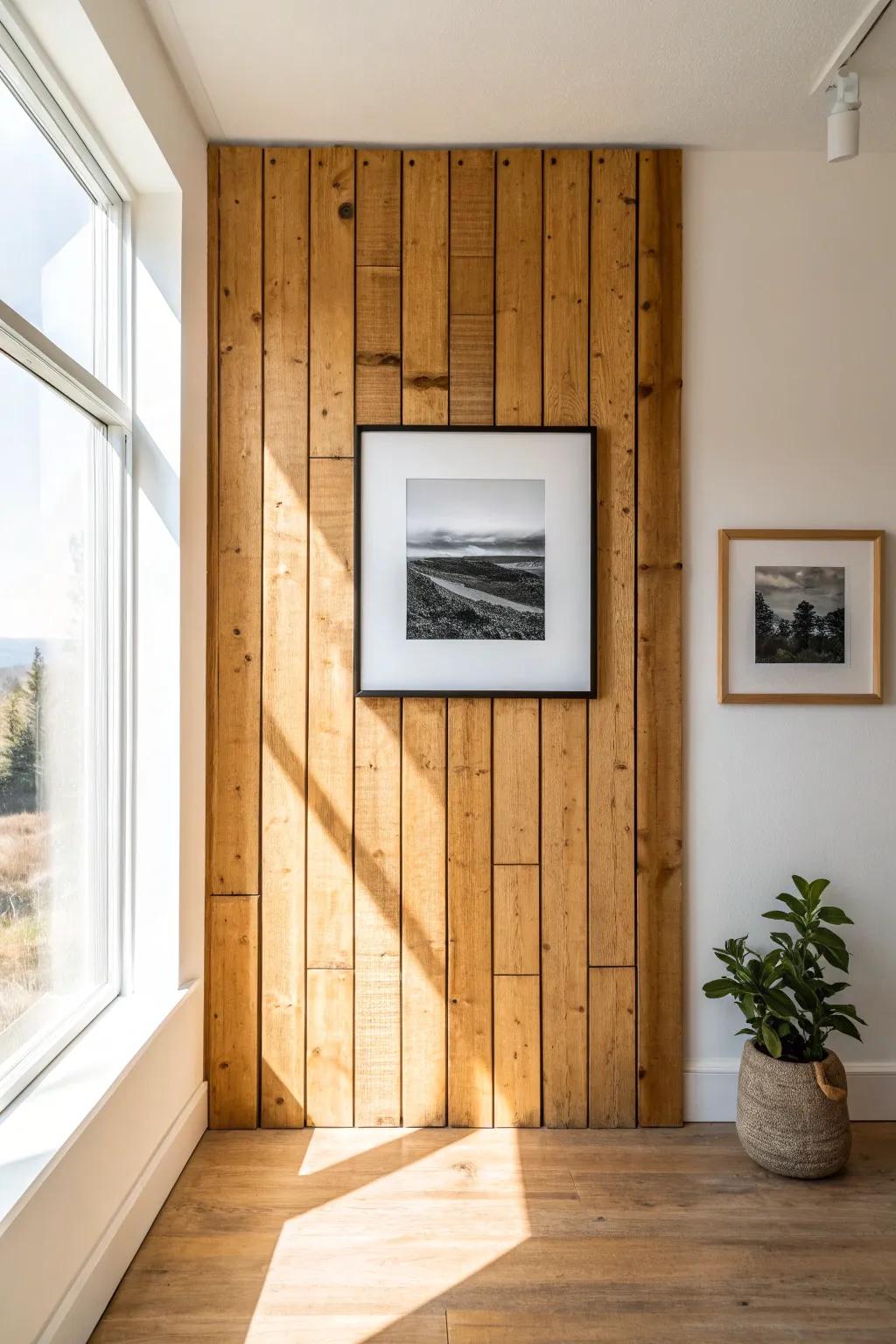 Black-and-white art pops against a reclaimed wood slat wall—minimal, warm, and bold.