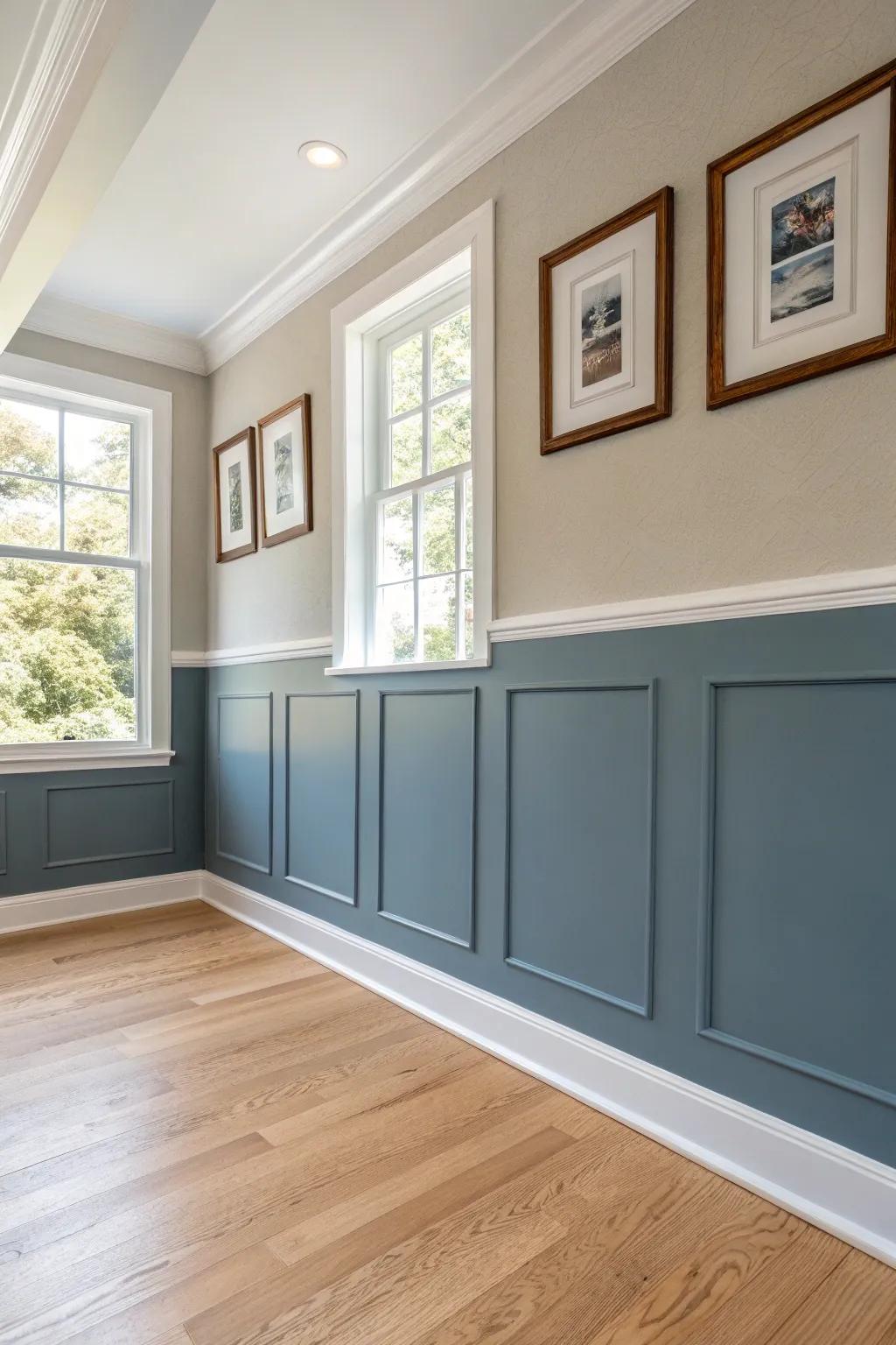 Soft slate-blue picture-frame wainscoting—clean lines, crisp corners, timeless and calm.