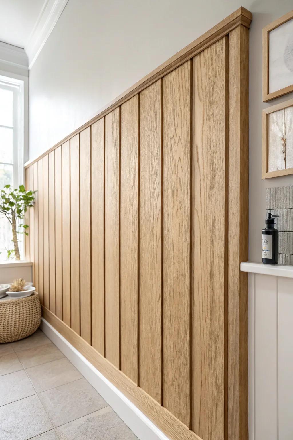 Modern grid board-and-batten adds tailored bathroom style—plan spacing to avoid skinny corner panels.