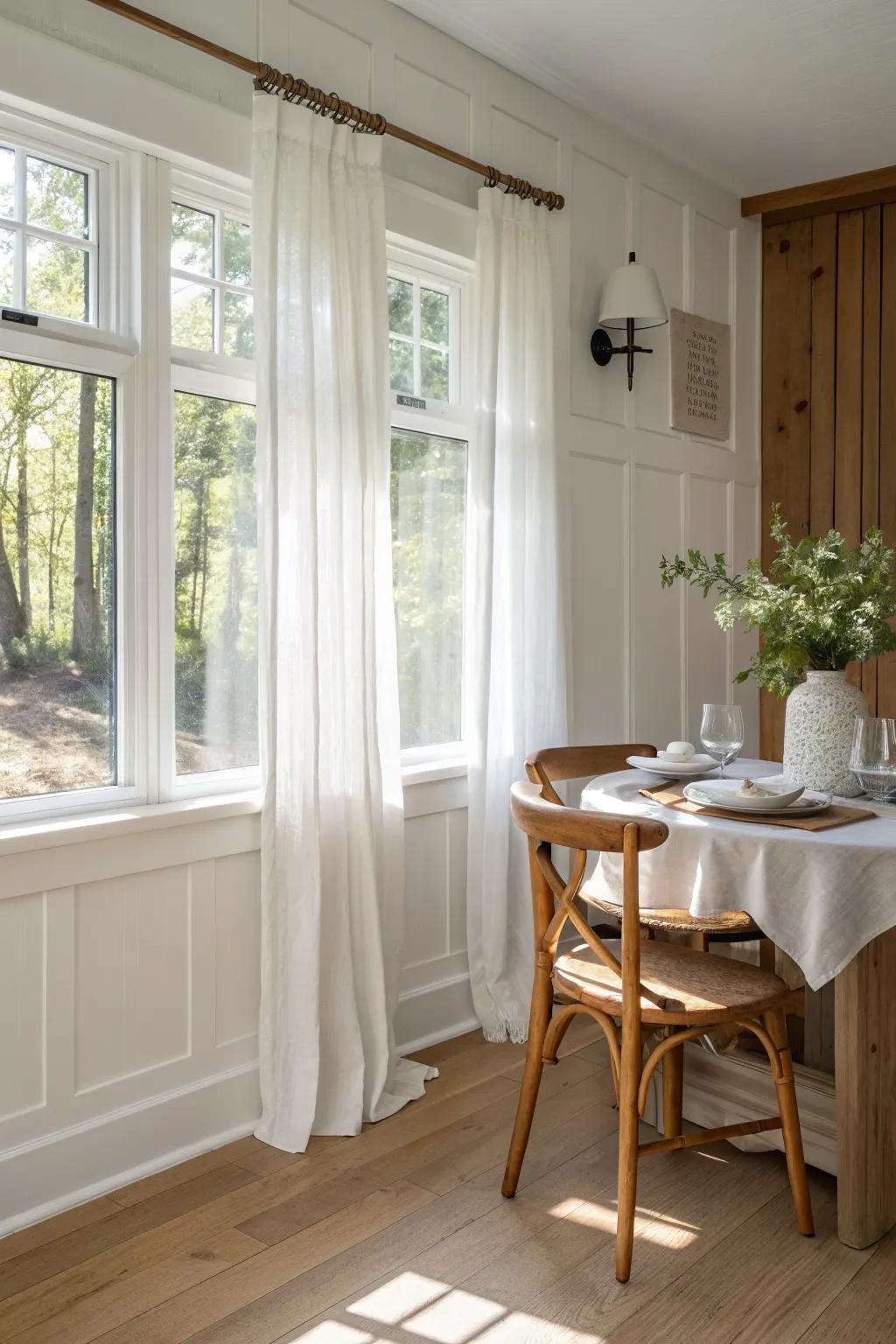 Clean battens framing the window create a bright, tailored dining room with perfectly balanced lines.