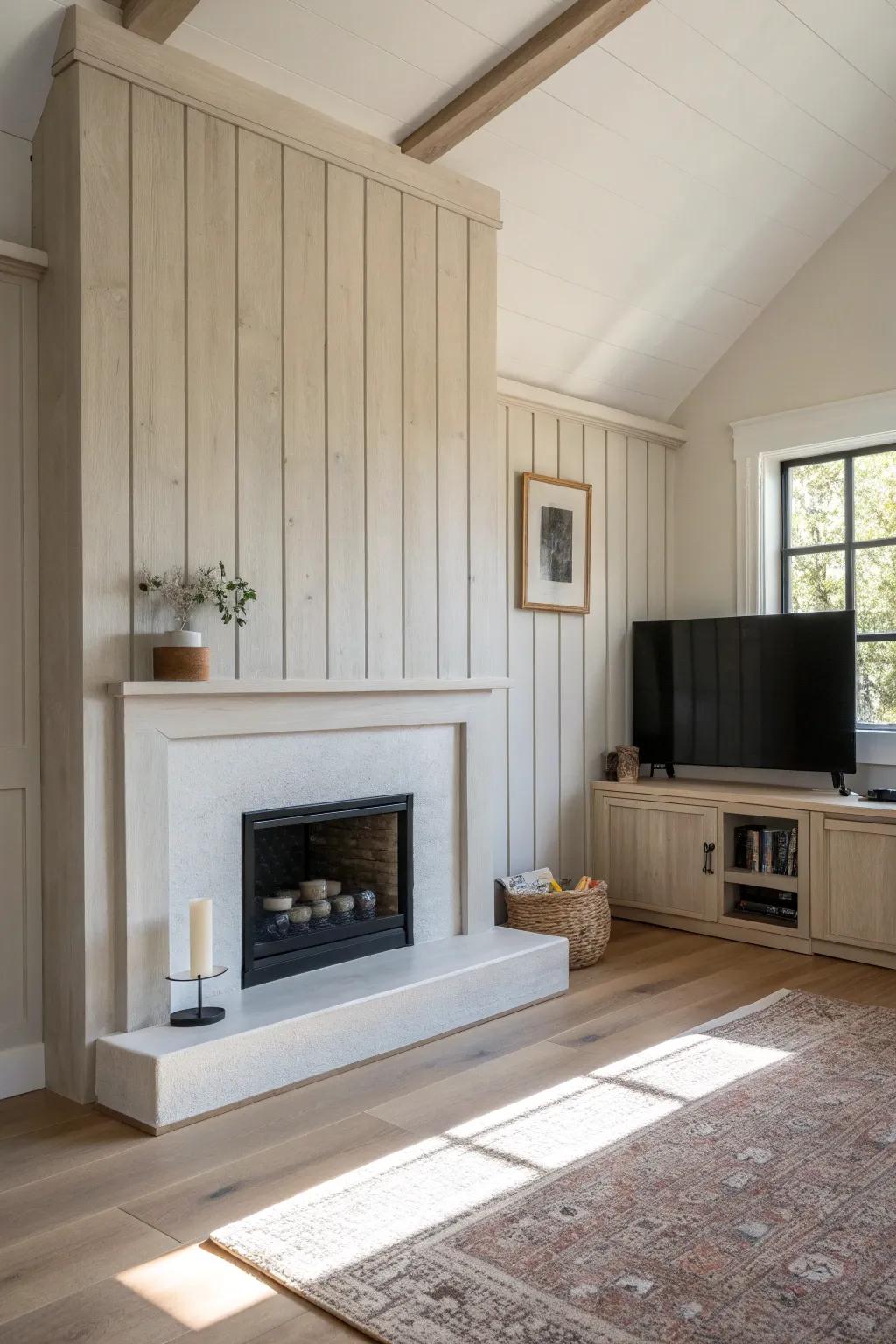 A seamless batten door hides fireplace storage—perfect for candles, remotes, and games.