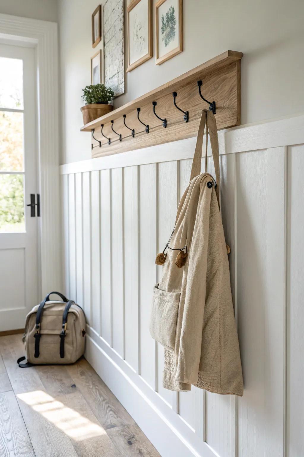 Warm oak hook rail above crisp board-and-batten wainscoting—mudroom style that works hard.