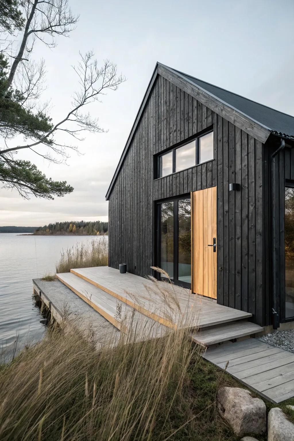 Charred wood boathouse with big windows—modern rustic contrast that glows against the water.