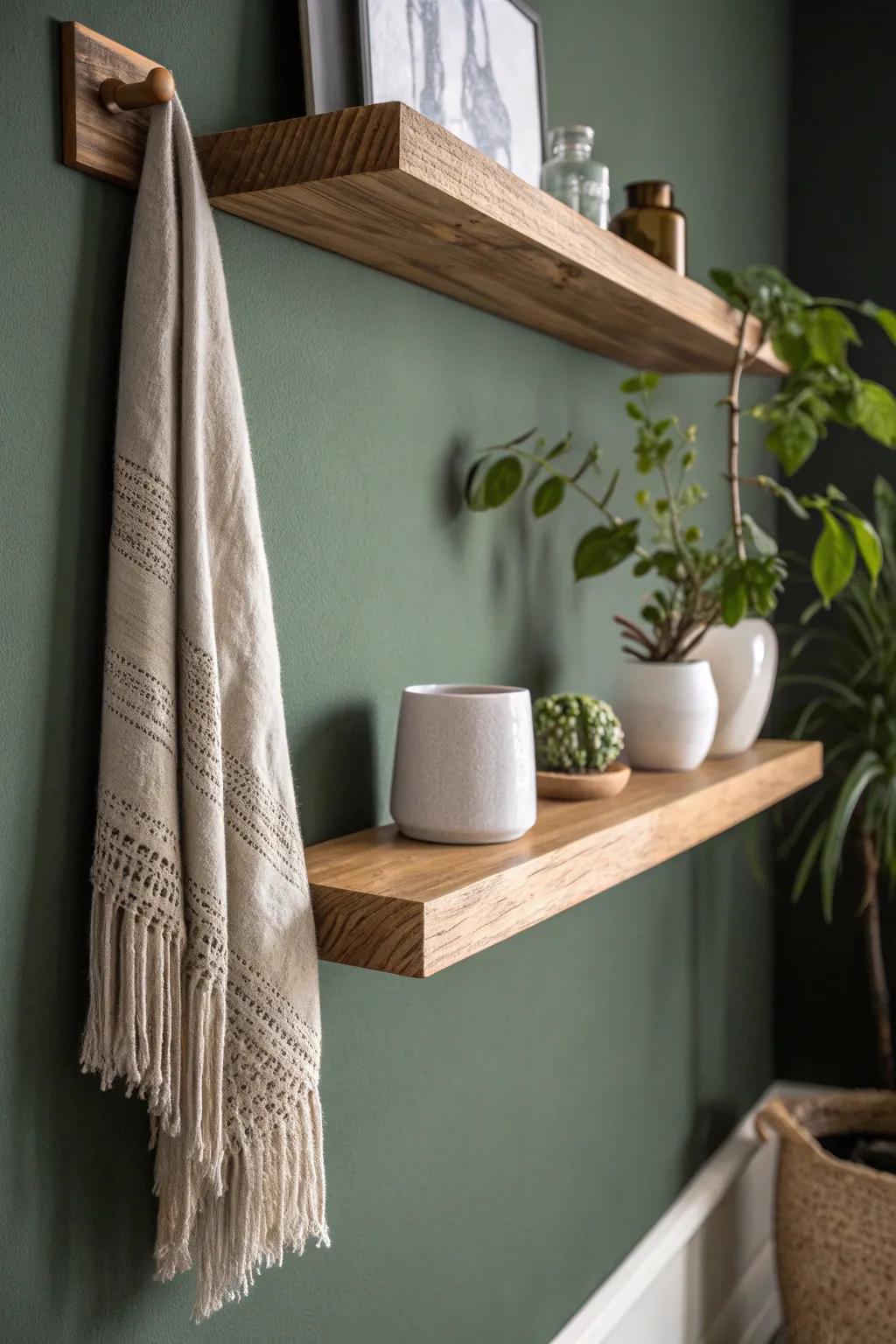 Moody olive meets warm oak—an easy boho accent wall moment with handcrafted calm.