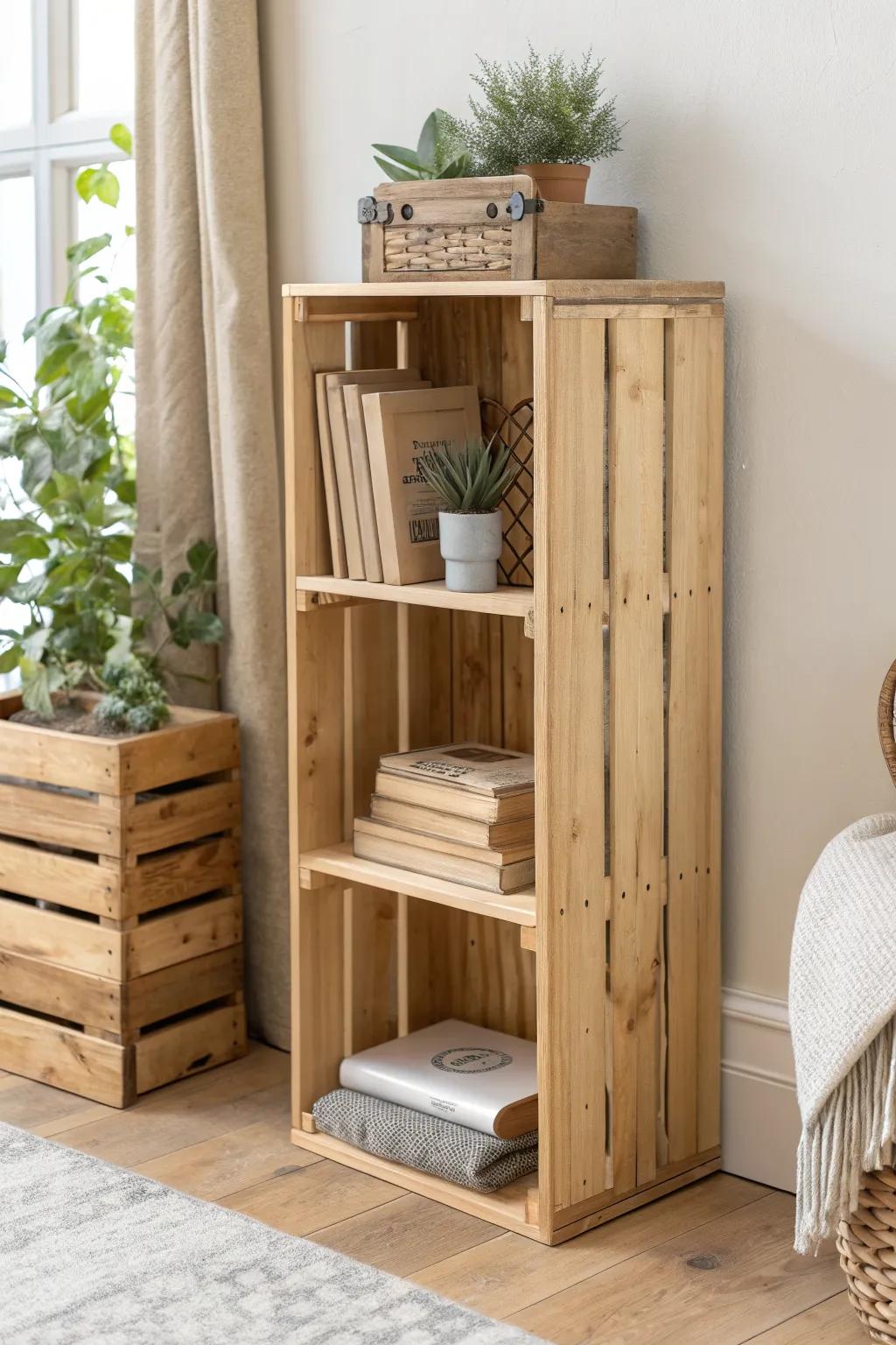 Stacked wood crates + a thick plank top = an airy, adjustable boho bookshelf.