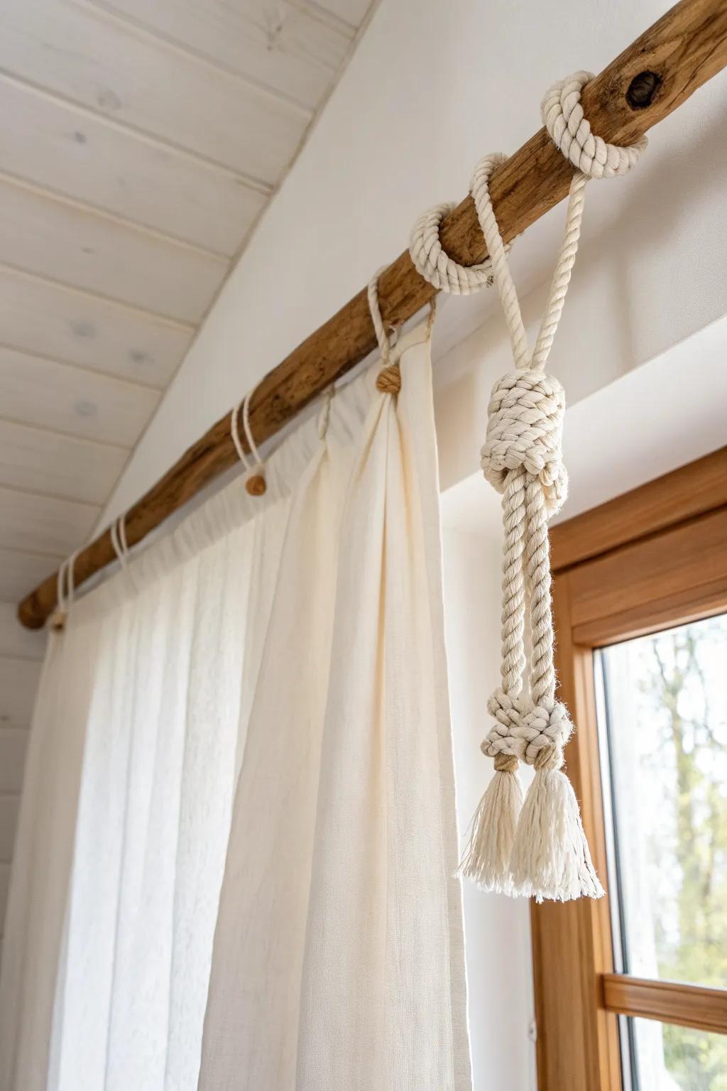 A swing-style branch curtain rod—linen + rope + raw wood for effortless boho calm.