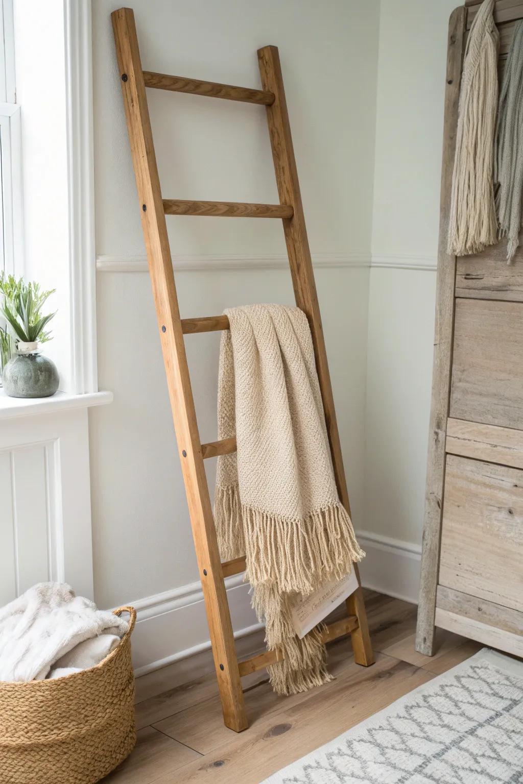 A simple wood ladder + tasseled throws: the easiest boho farmhouse corner upgrade.