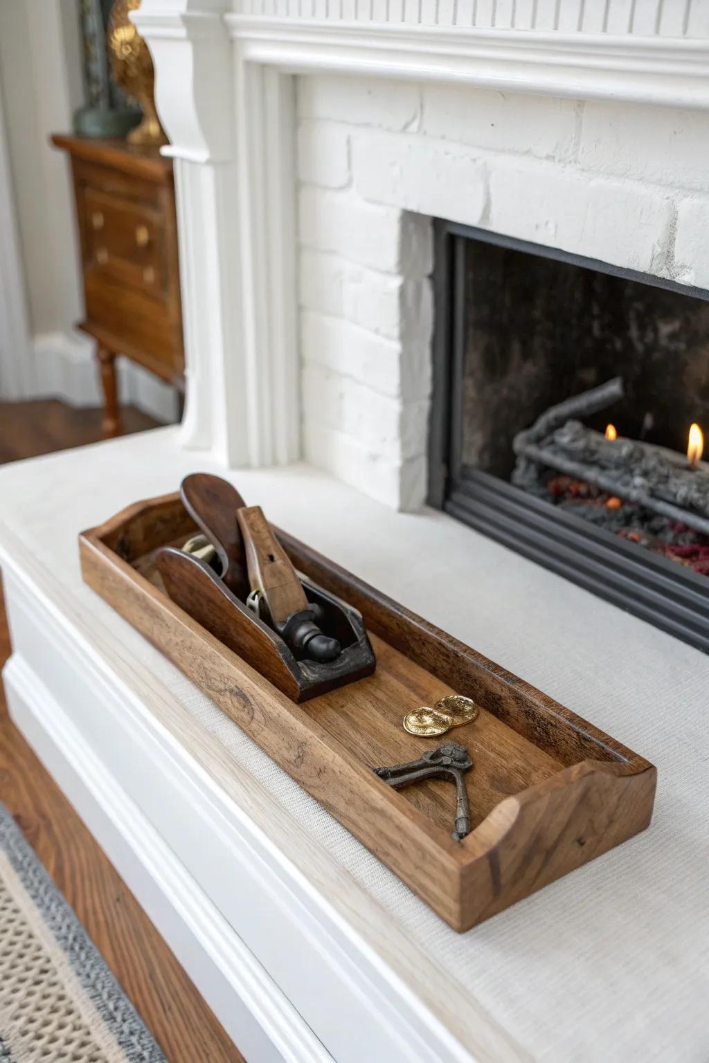 A walnut tray of vintage tools adds rugged boho soul to a clean, minimalist mantel.