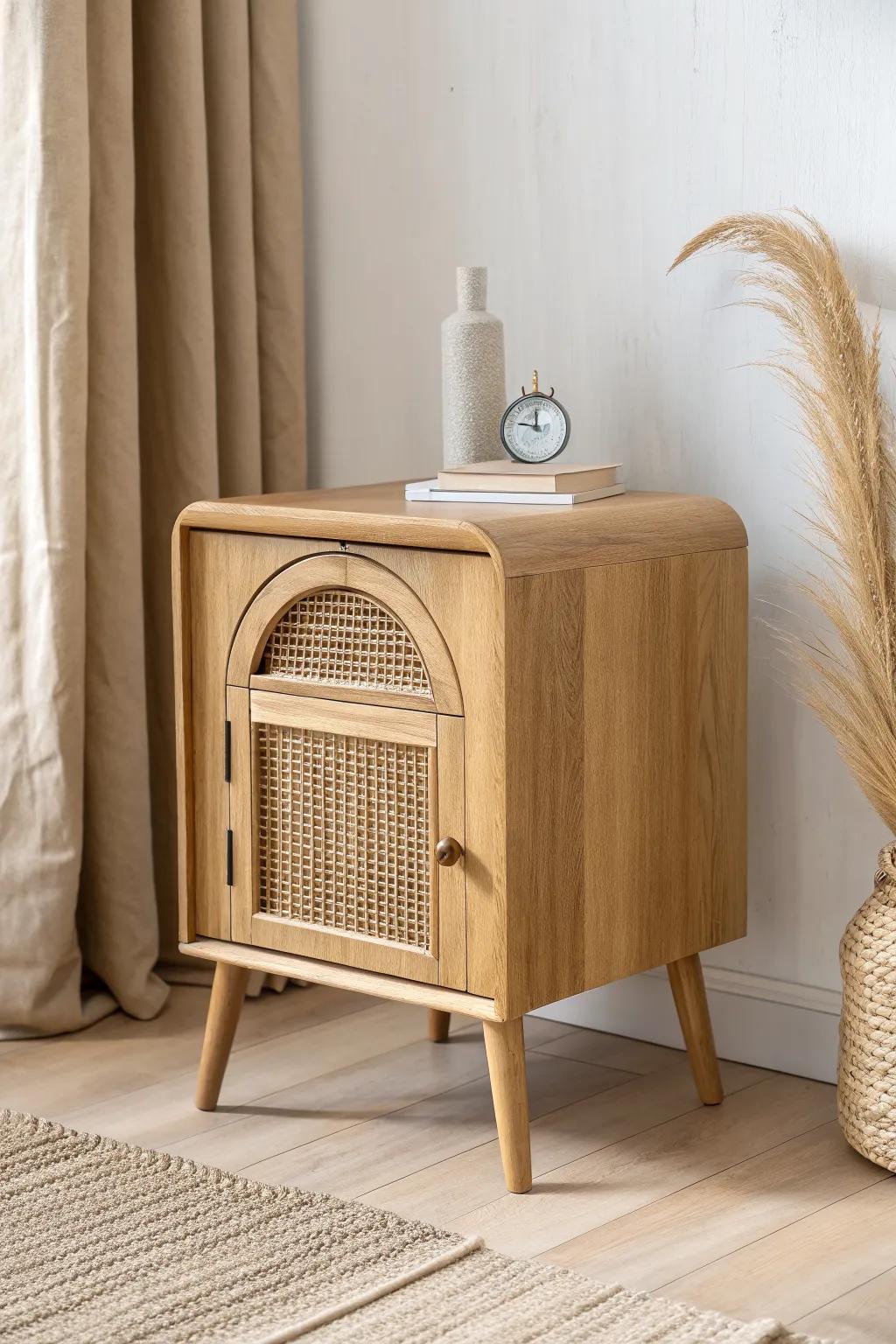 Arched cane-front nightstand in natural oak—soft curves, airy texture, boutique boho charm.