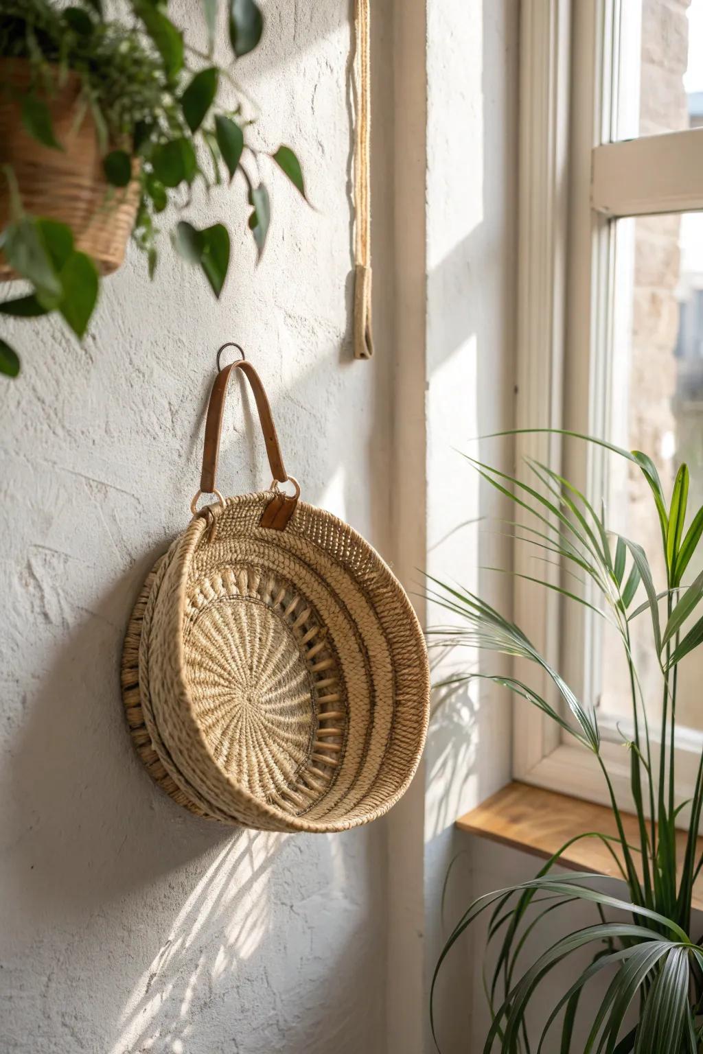 A single woven basket adds boho texture—start your wall gallery with one stunning piece.