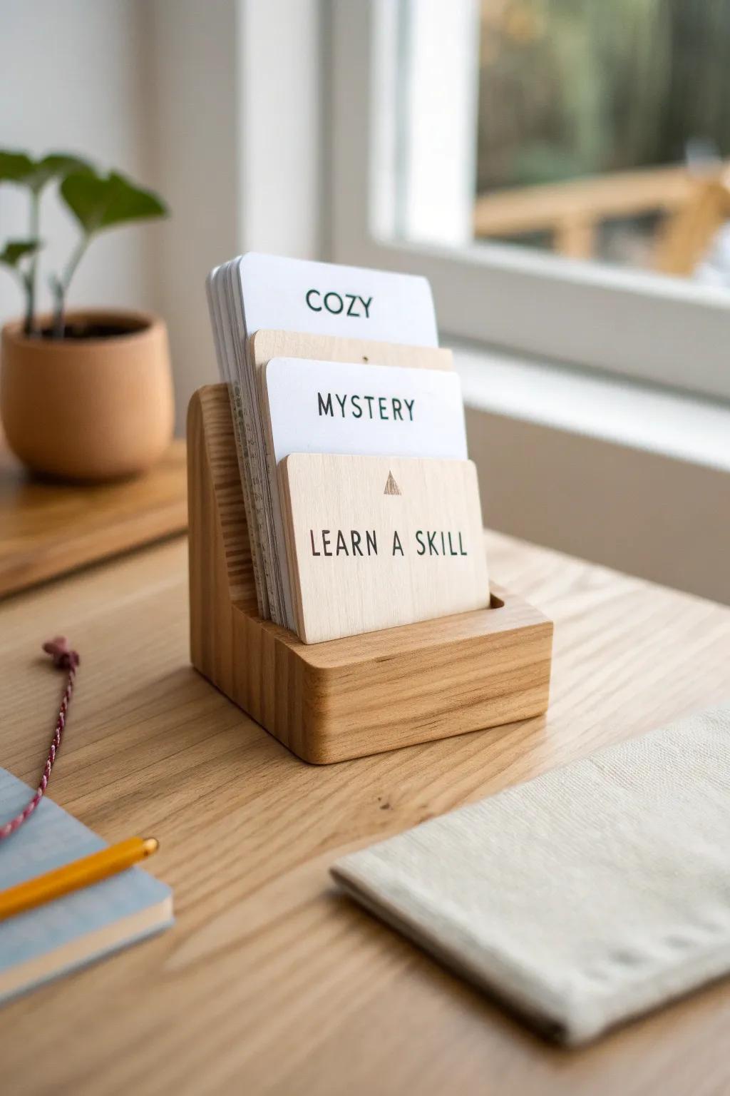 Flip a mood card, pick a book—minimal oak craftsmanship that makes choosing feel playful.