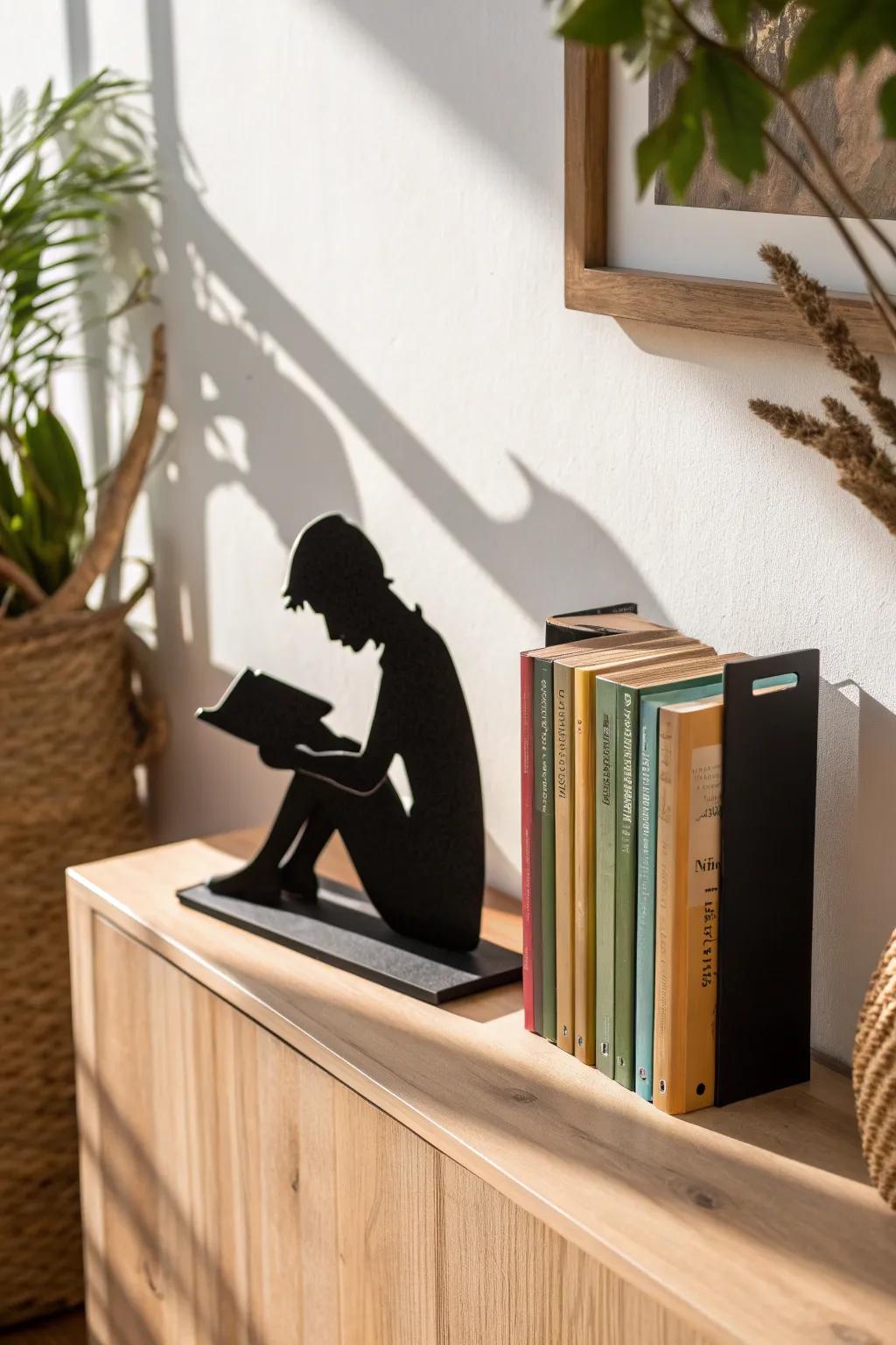 Matte-black silhouette bookend—bold, minimal, and stunning against colorful book spines.