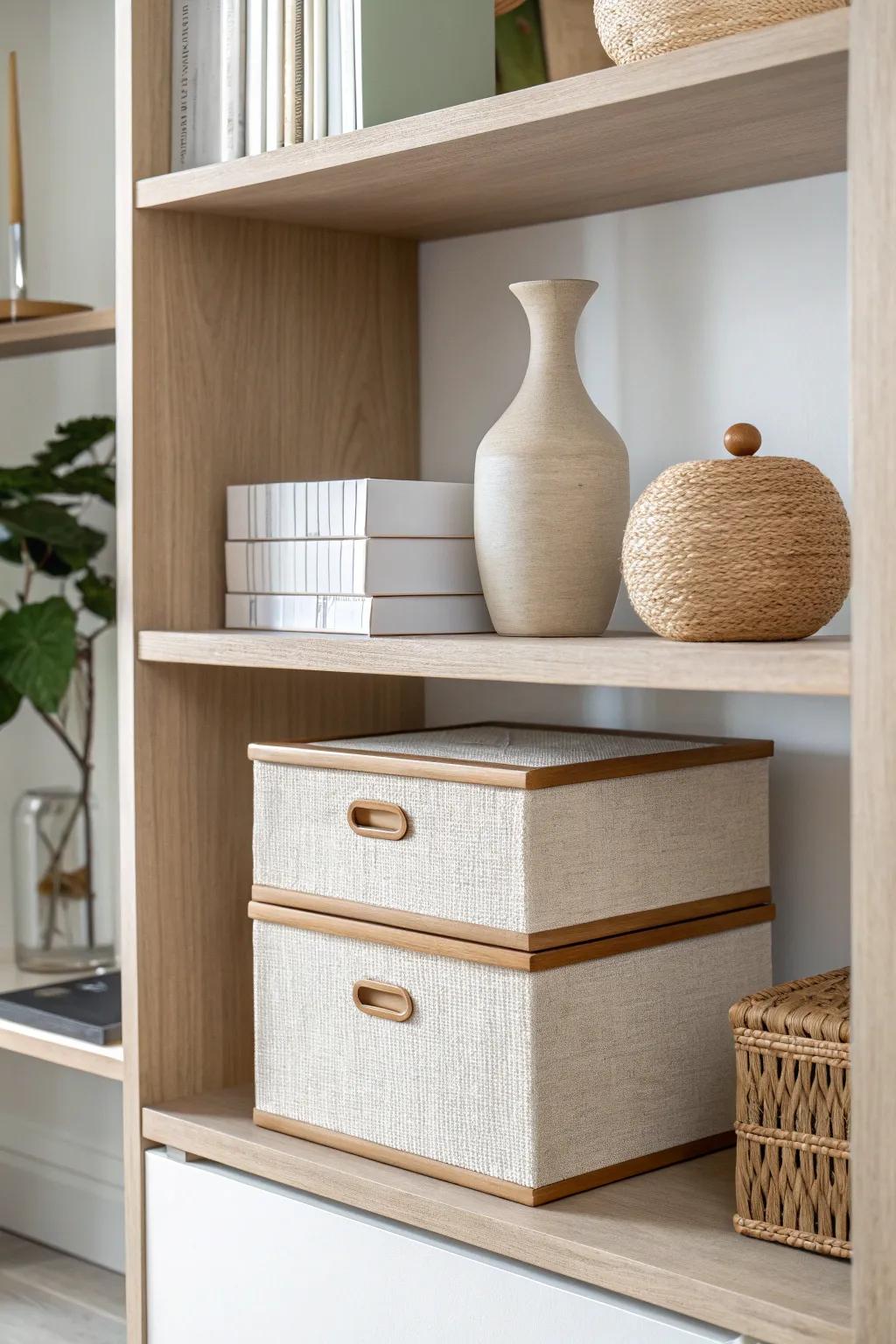 Stacked decorative boxes hide the mess—then top them with a small wood sculpture for a clean stage.