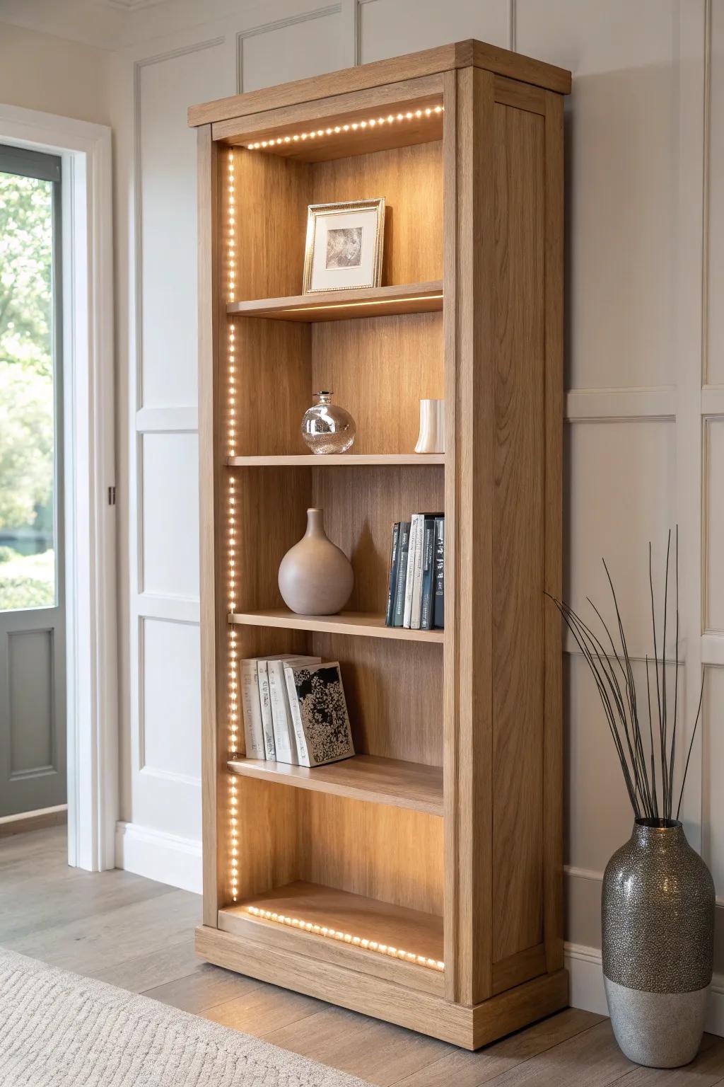 Mirror-back bookcase + hidden warm LEDs—double the glow and make small rooms feel bigger.