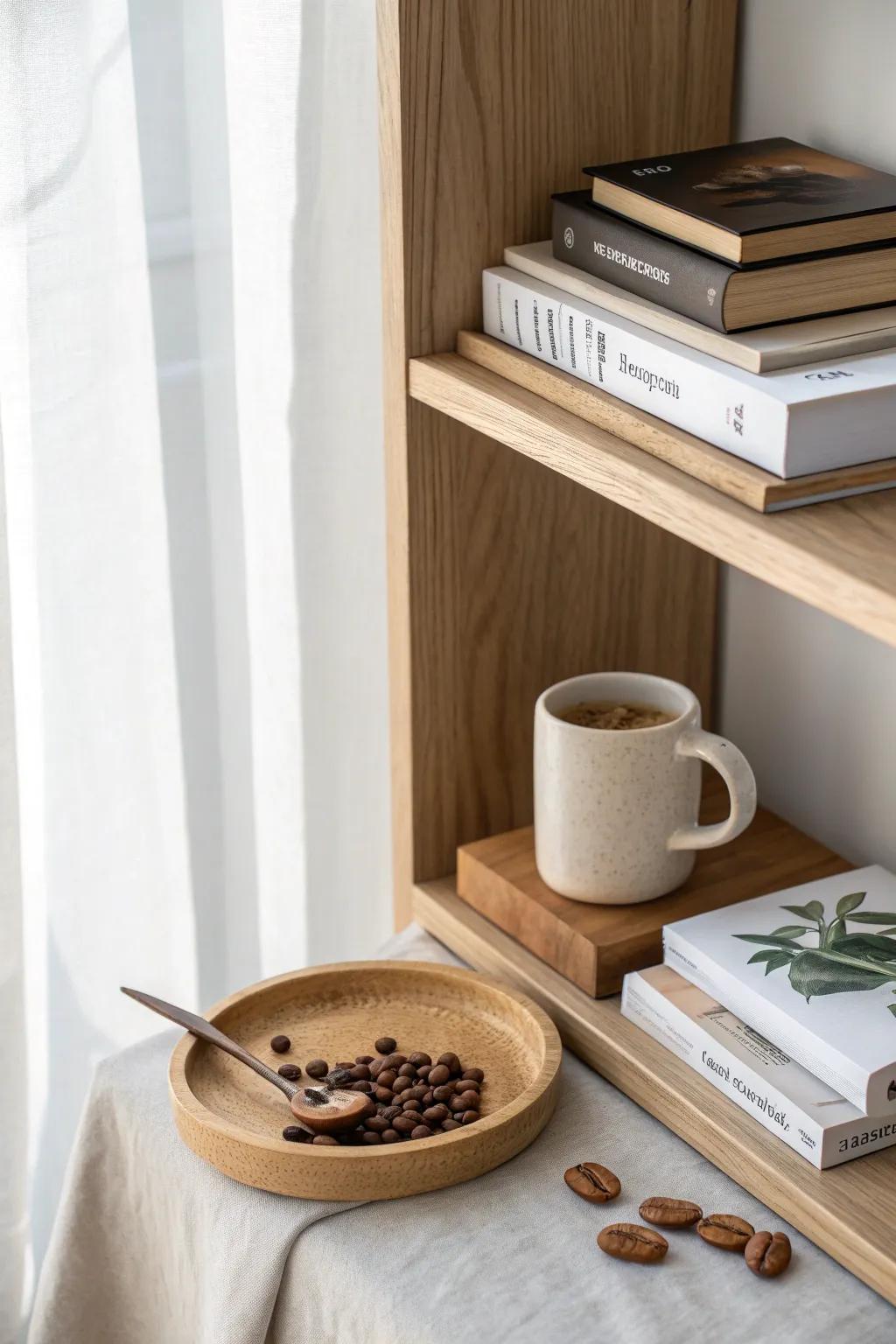 A cozy tea-and-coffee vignette tucked between books for a warm, welcoming shelf moment.