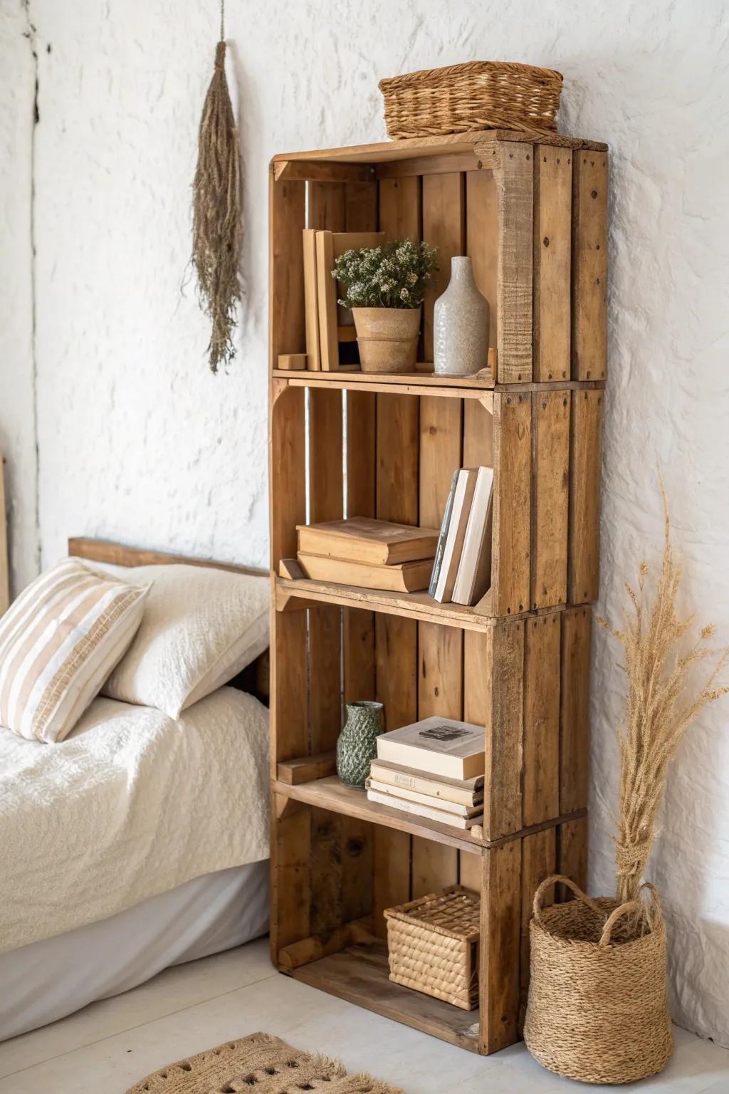 Stacked vintage crates create a rustic bedroom bookshelf wall with cozy texture and smart storage.