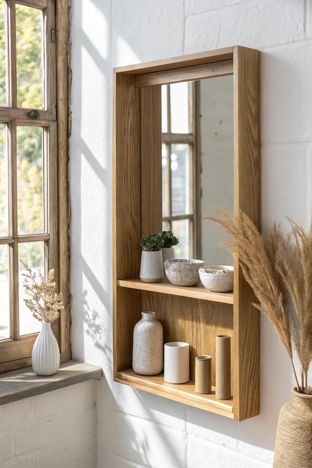 Mirror-back shelves make small collections look brighter, fuller, and beautifully boutique.