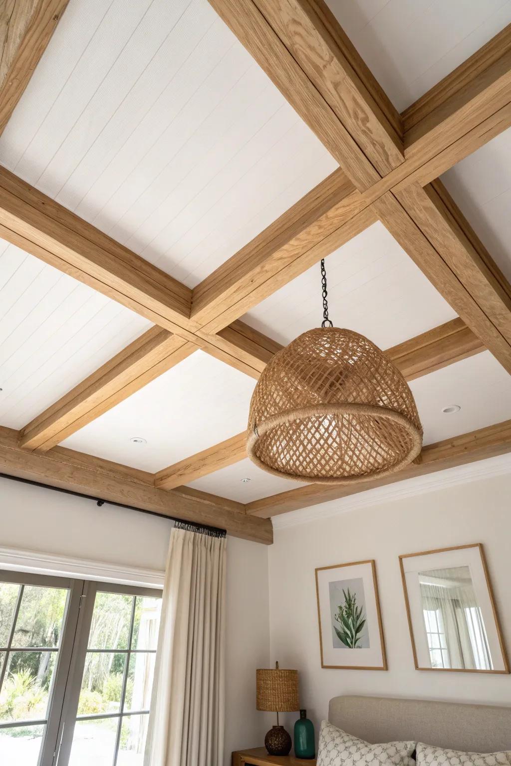 Picture-frame box beams add subtle structure—elegant borders that keep the ceiling calm.