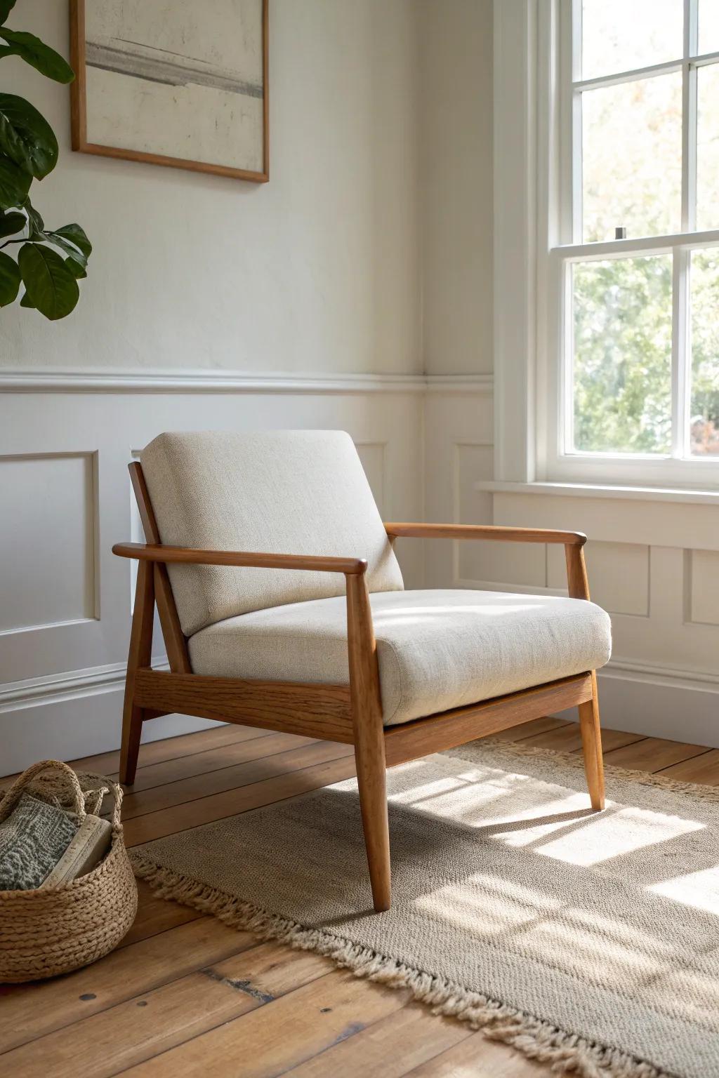 A compact oak lounge chair that turns any break-room corner into a calm chill zone.