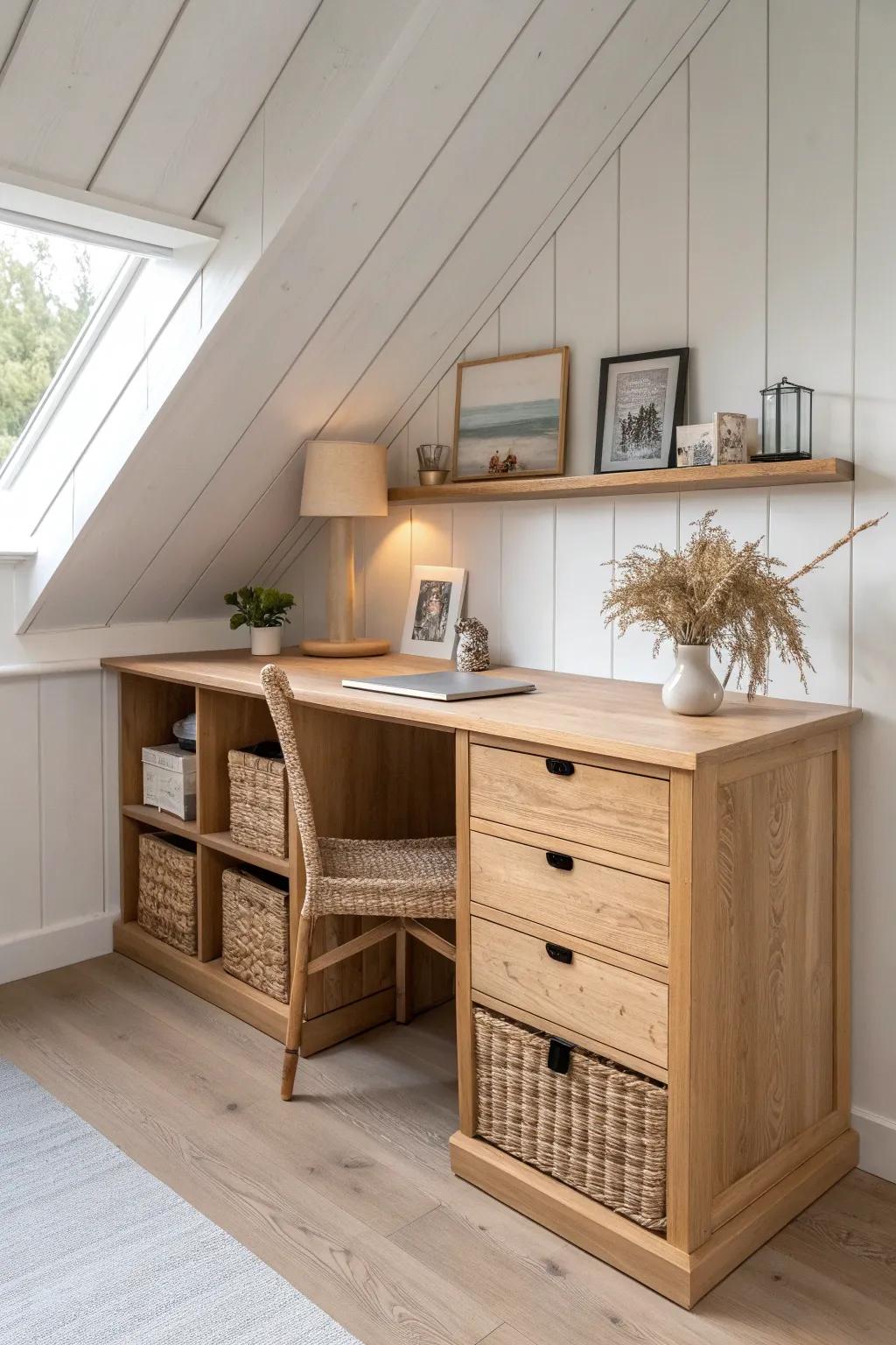 Built-in oak corner desk under a sloped ceiling—smart cubbies that turn attic space useful.