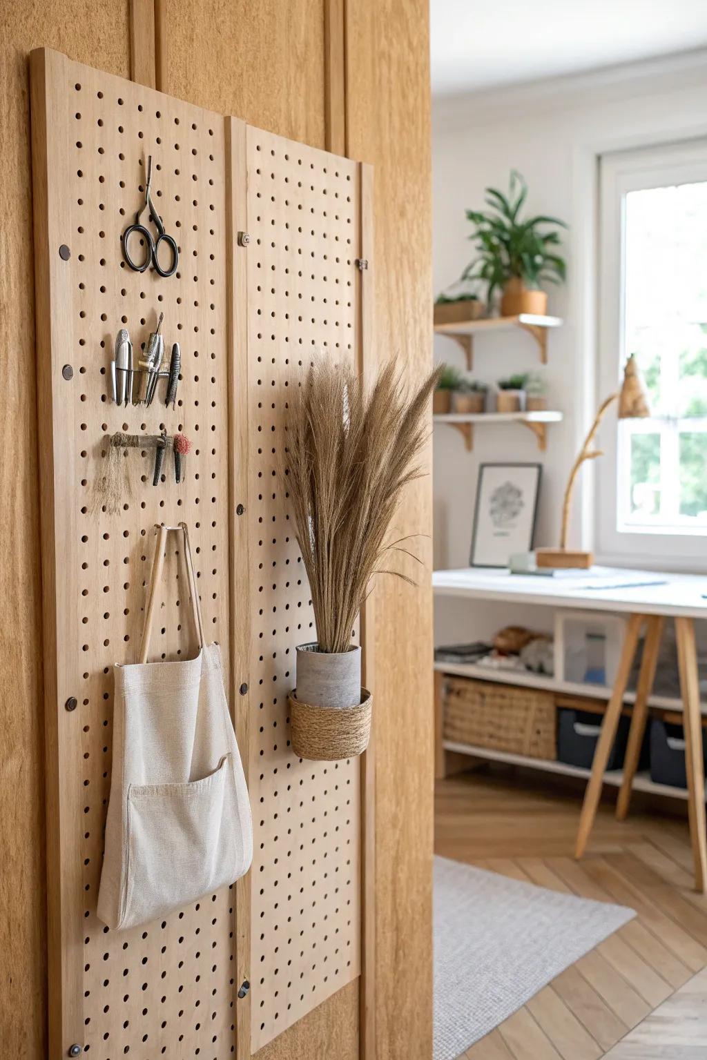A built-in oak pegboard divider that separates spaces while keeping craft tools beautifully in reach.