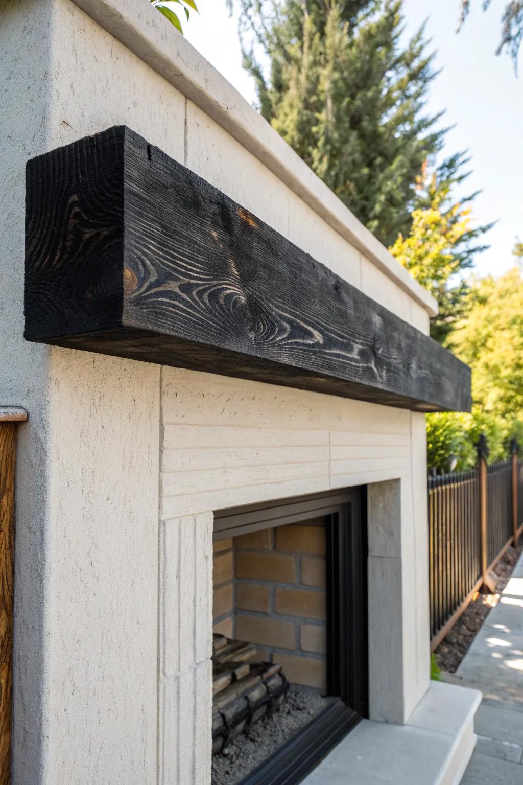 Bold charred wood mantel—sleek sealed grain against pale plaster for modern bungalow warmth.
