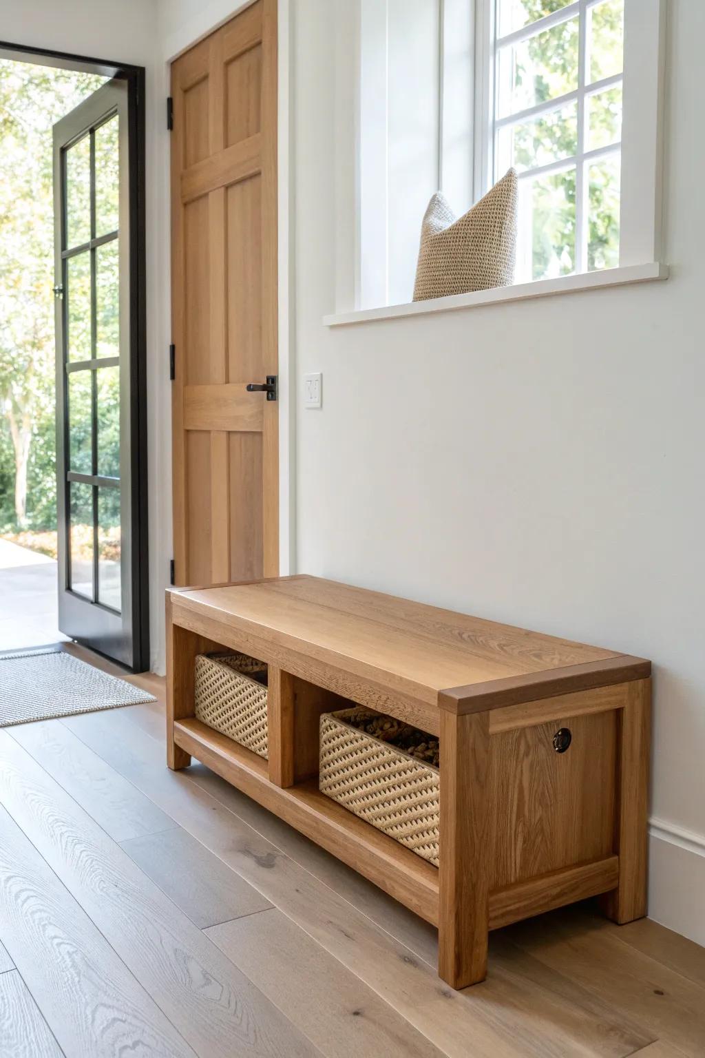 A slim reclaimed-wood flip-top bench creates the perfect front-door drop zone in a bungalow.