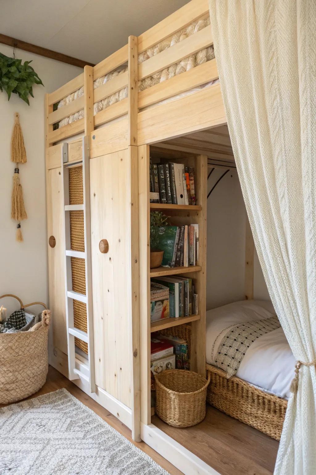 A secret bookshelf door turns the bottom bunk into a magical, hidden fort entrance.