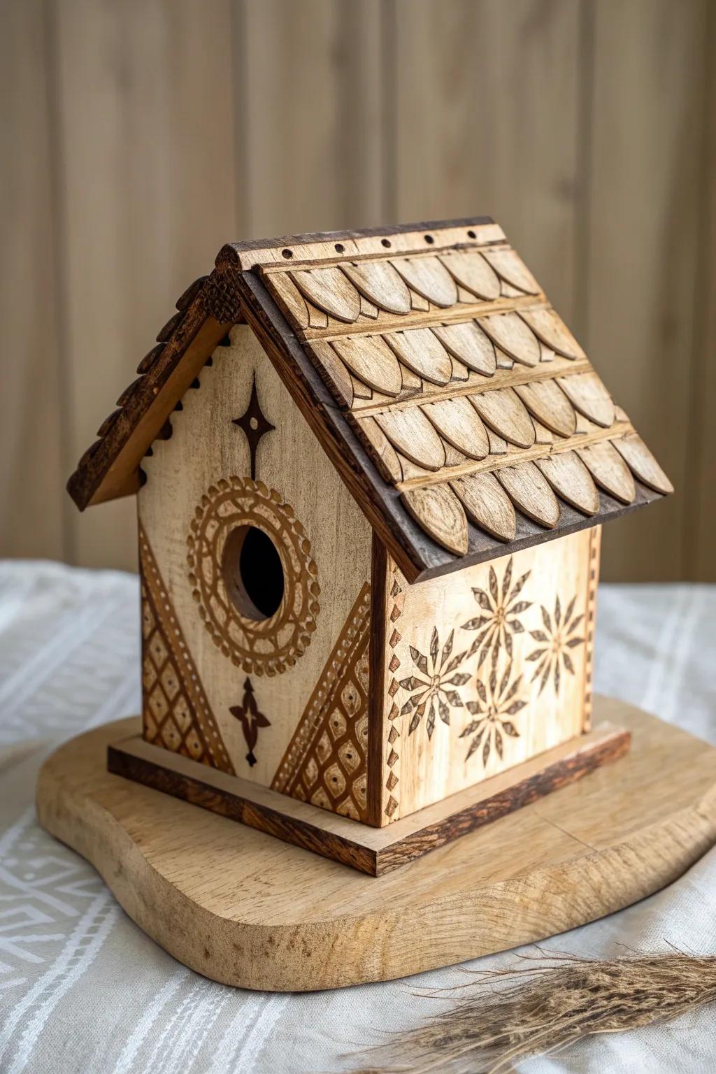Minimal birdhouse with burnt wood accents—pyrography details that add warmth and charm.