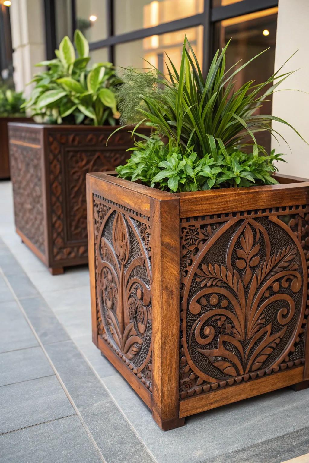 Elevate your workspace with the rustic elegance of engraved wooden planters.