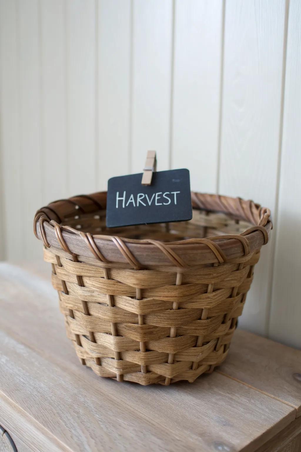 A clip-on chalkboard tag adds a charming “Harvest” label to your bushel basket display.