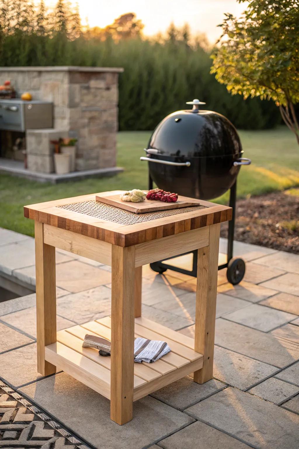 A sealed butcher block prep table beside the grill—outdoor-kitchen vibes with warm wood grain.
