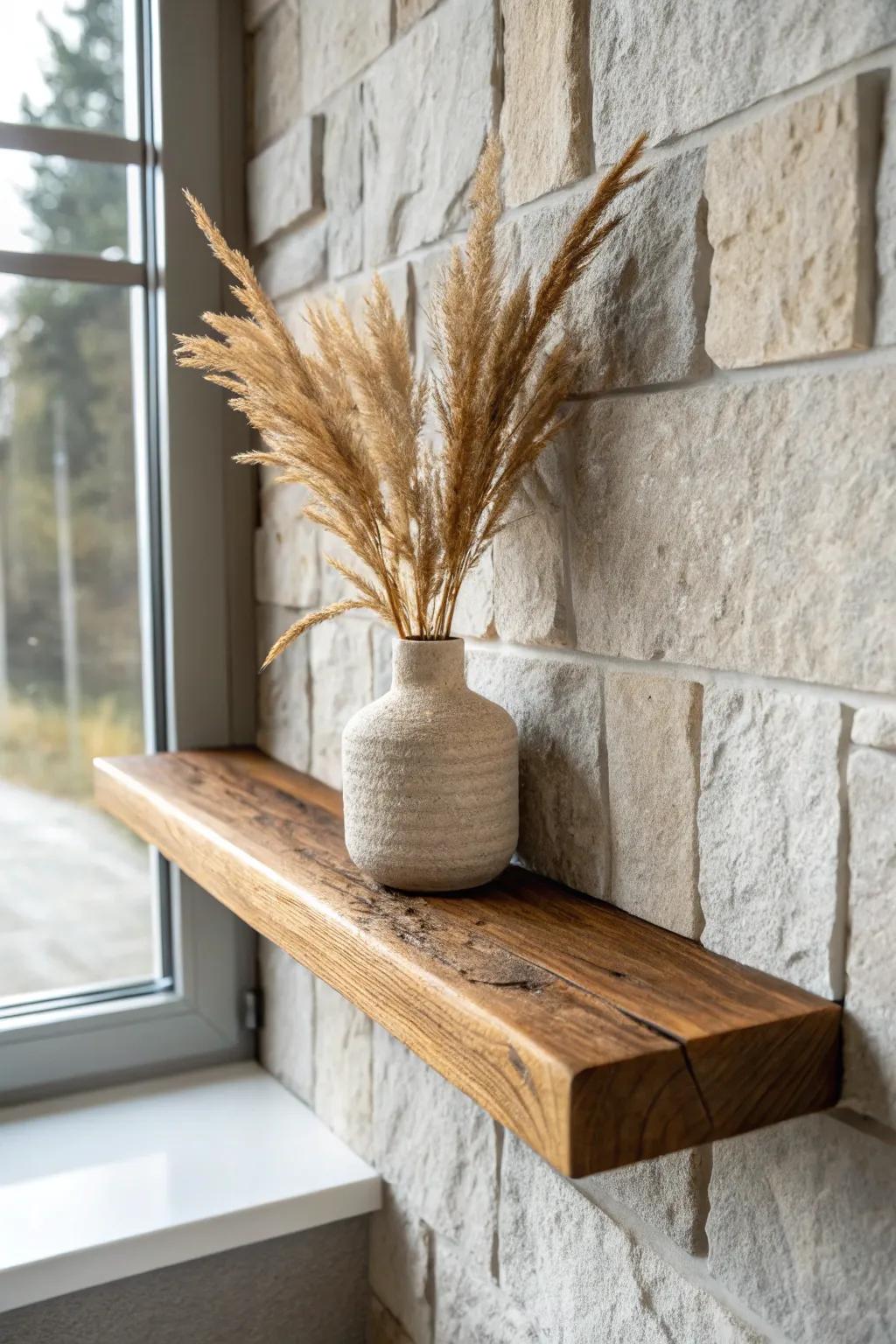 Rough stone + a chunky reclaimed wood shelf—simple cabin warmth with a modern boho touch.