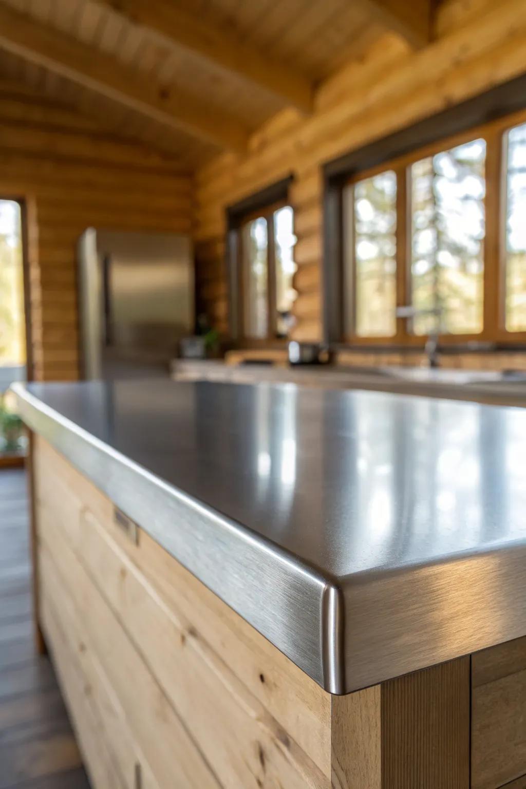 Brushed stainless shines against warm cabin wood—rustic-industrial, bright, and cook-ready.