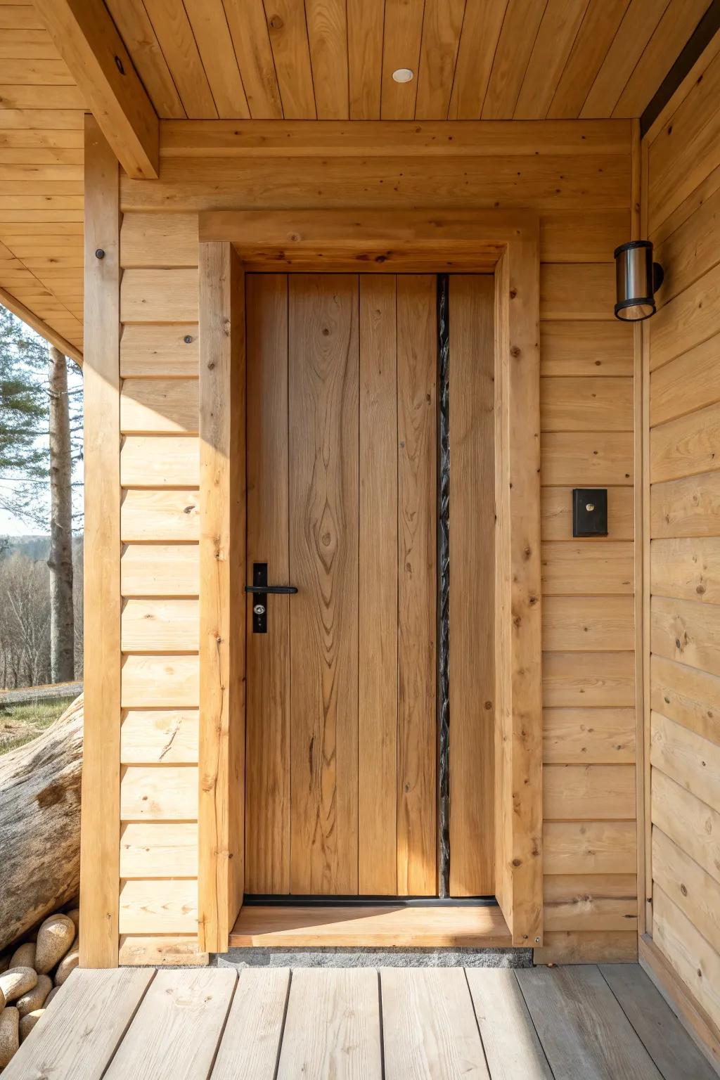 A cabin door with a live-edge inlay center strip—natural contrast that feels like forest art.