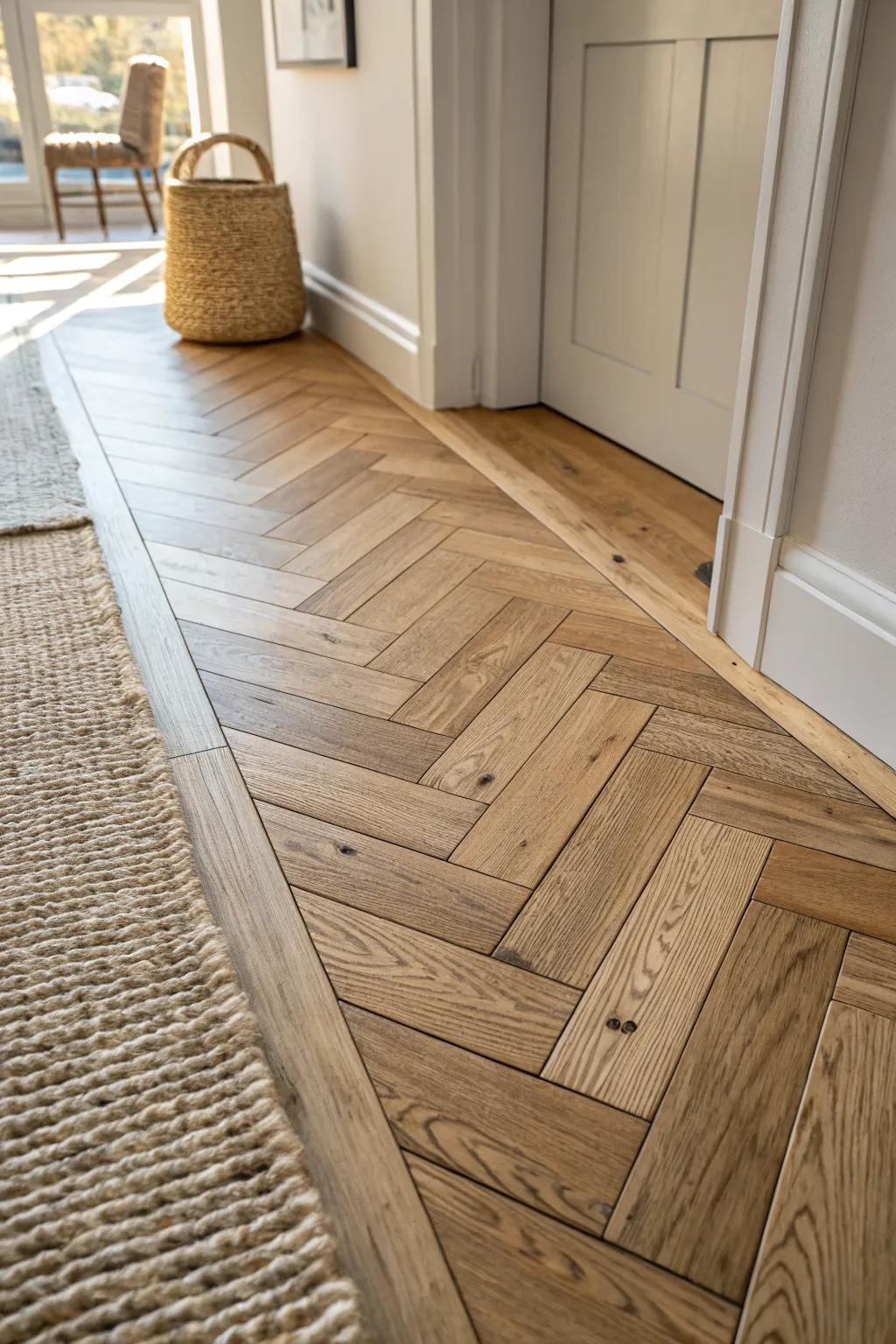 Rustic meets refined: a knotty herringbone wood floor that elevates a cozy cabin hallway.