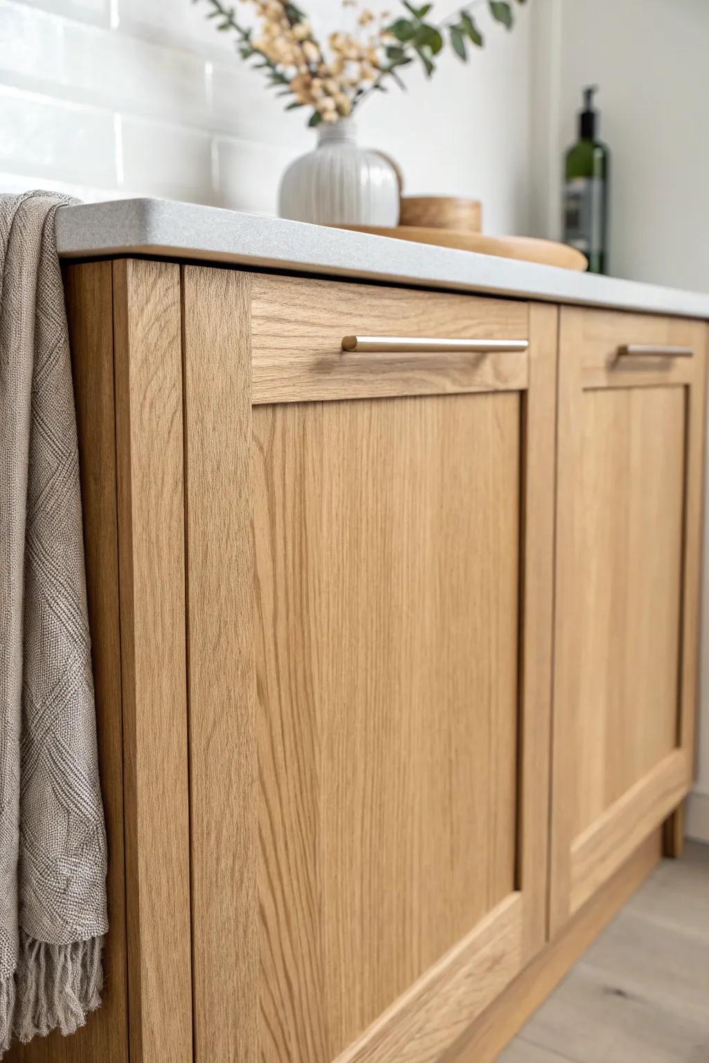 Sleek handleless cabinet door with a routed finger pull—clean lines, warm oak, effortless function.