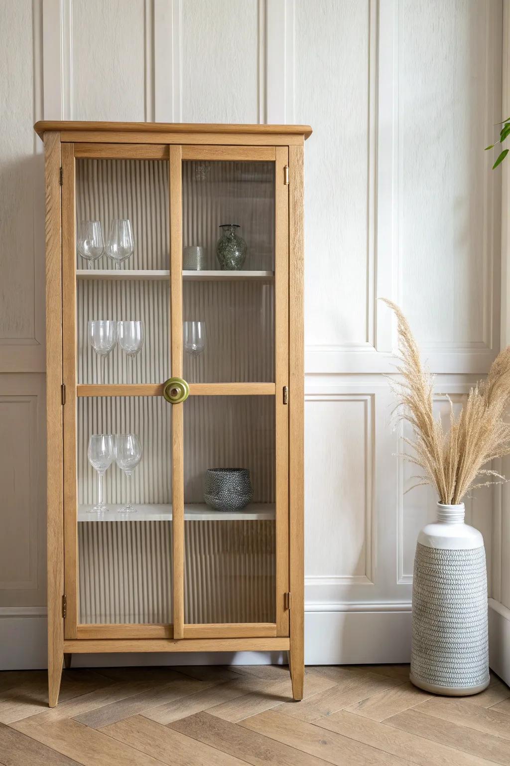 Reeded glass cabinet fronts add soft privacy and instant elegance to simple wood cabinetry.