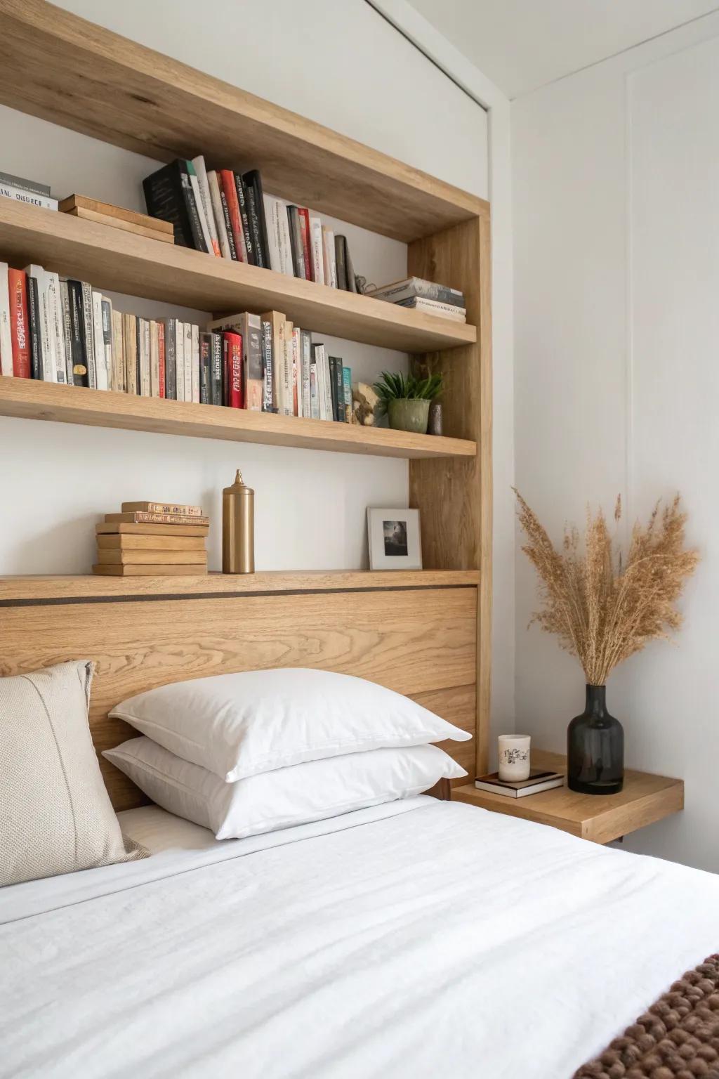 Floating oak corner shelves turn a diagonal bed nook into a calm, bookish headboard.