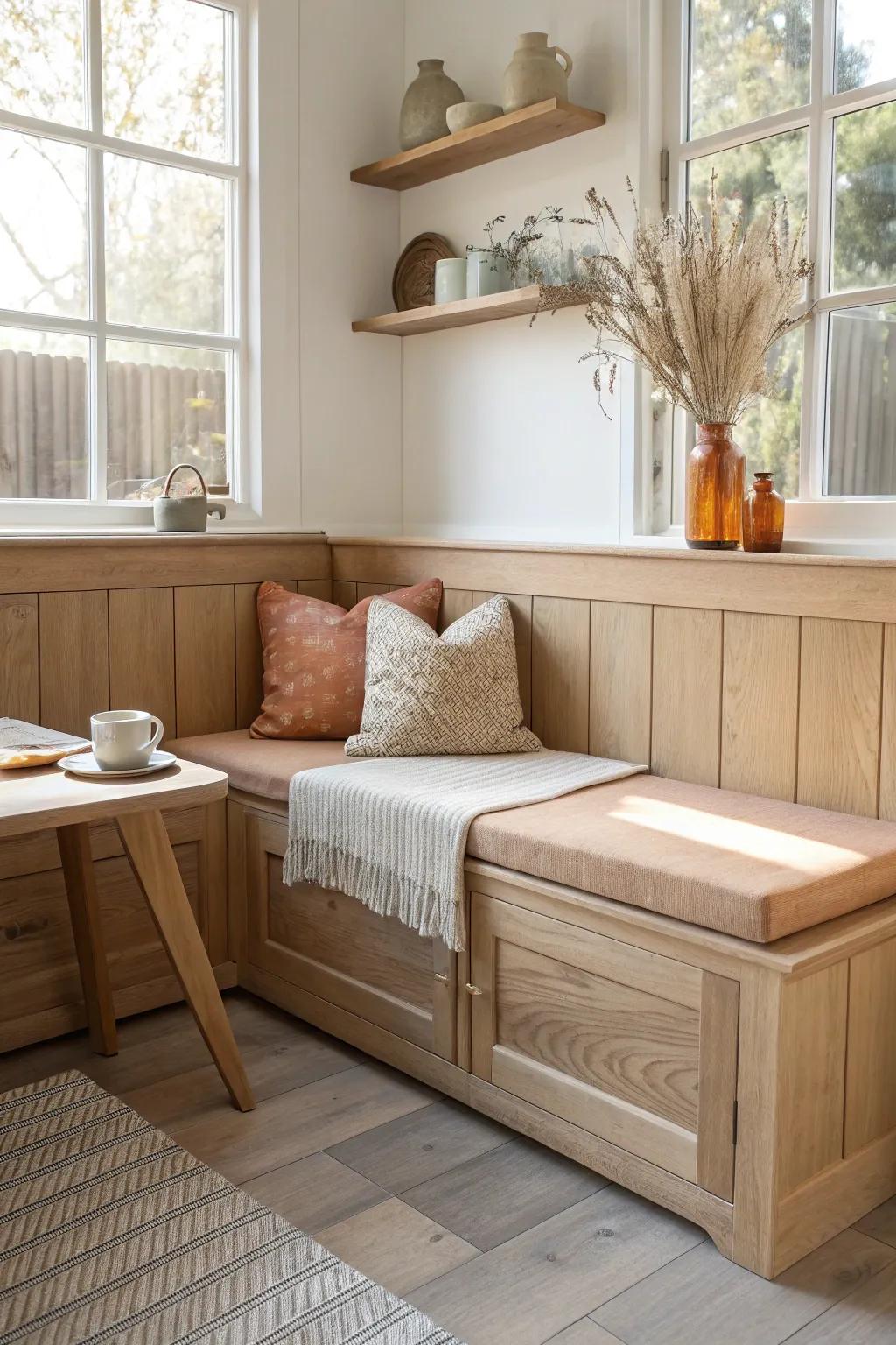 A cozy oak breakfast nook with hidden storage—minimal, sunny, and effortlessly California.