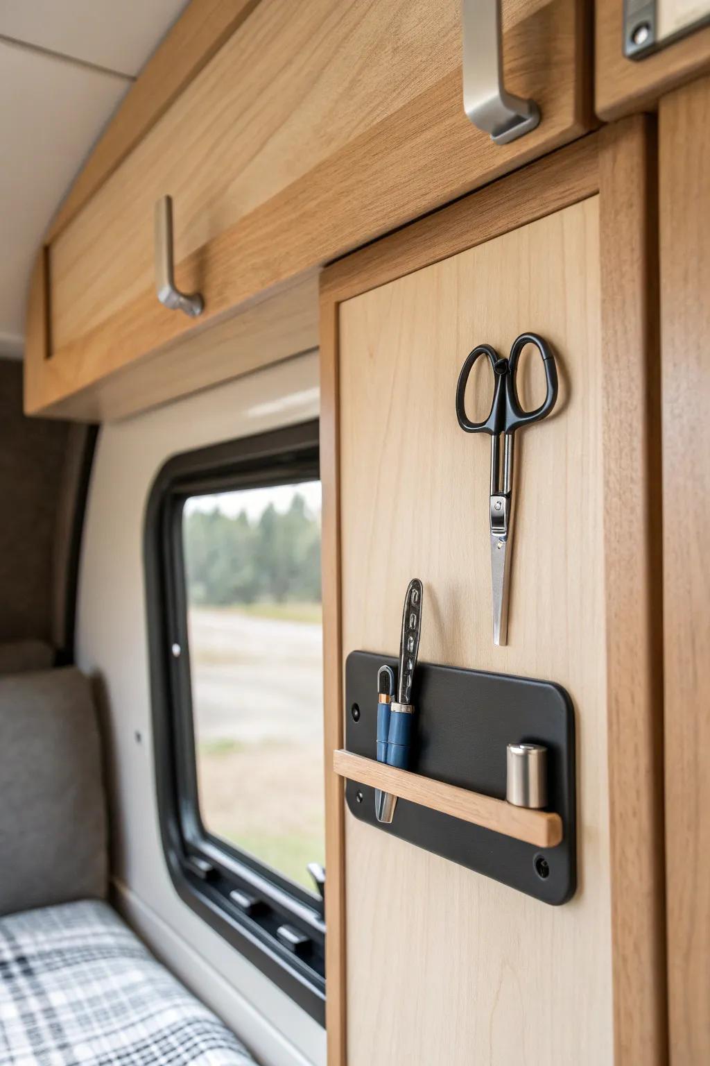 A sleek magnetic strip keeps scissors and a lighter tidy and easy to grab in a tiny cabinet.