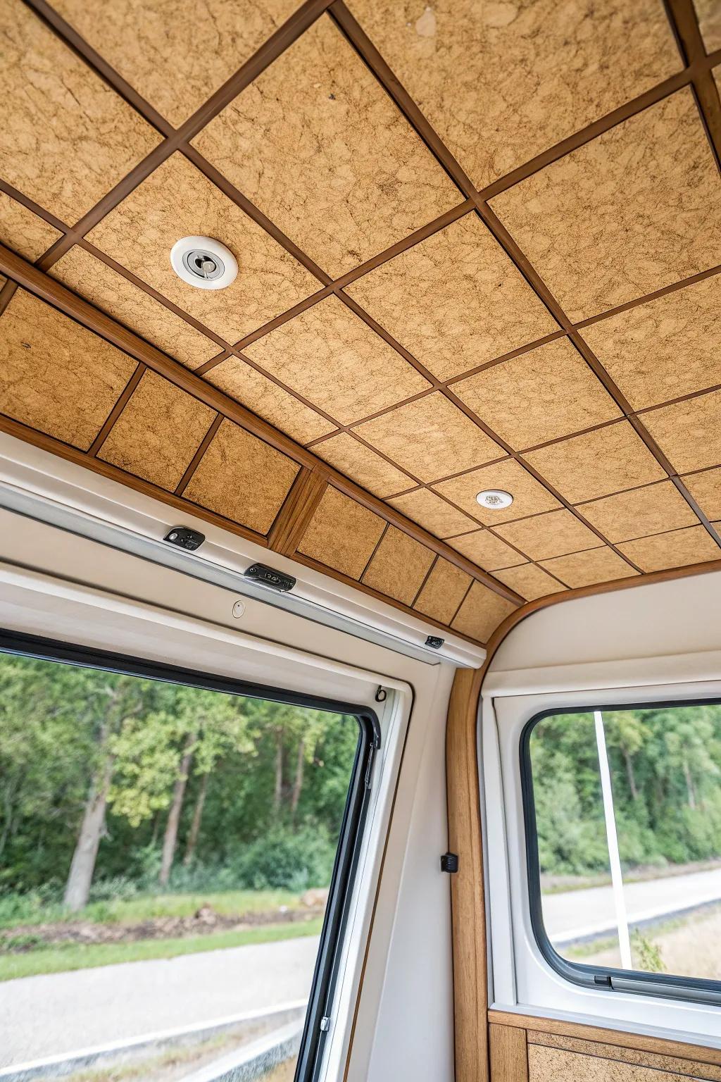 Warm cork tiles with oak trim: a cozy, quiet campervan ceiling that feels effortlessly natural.