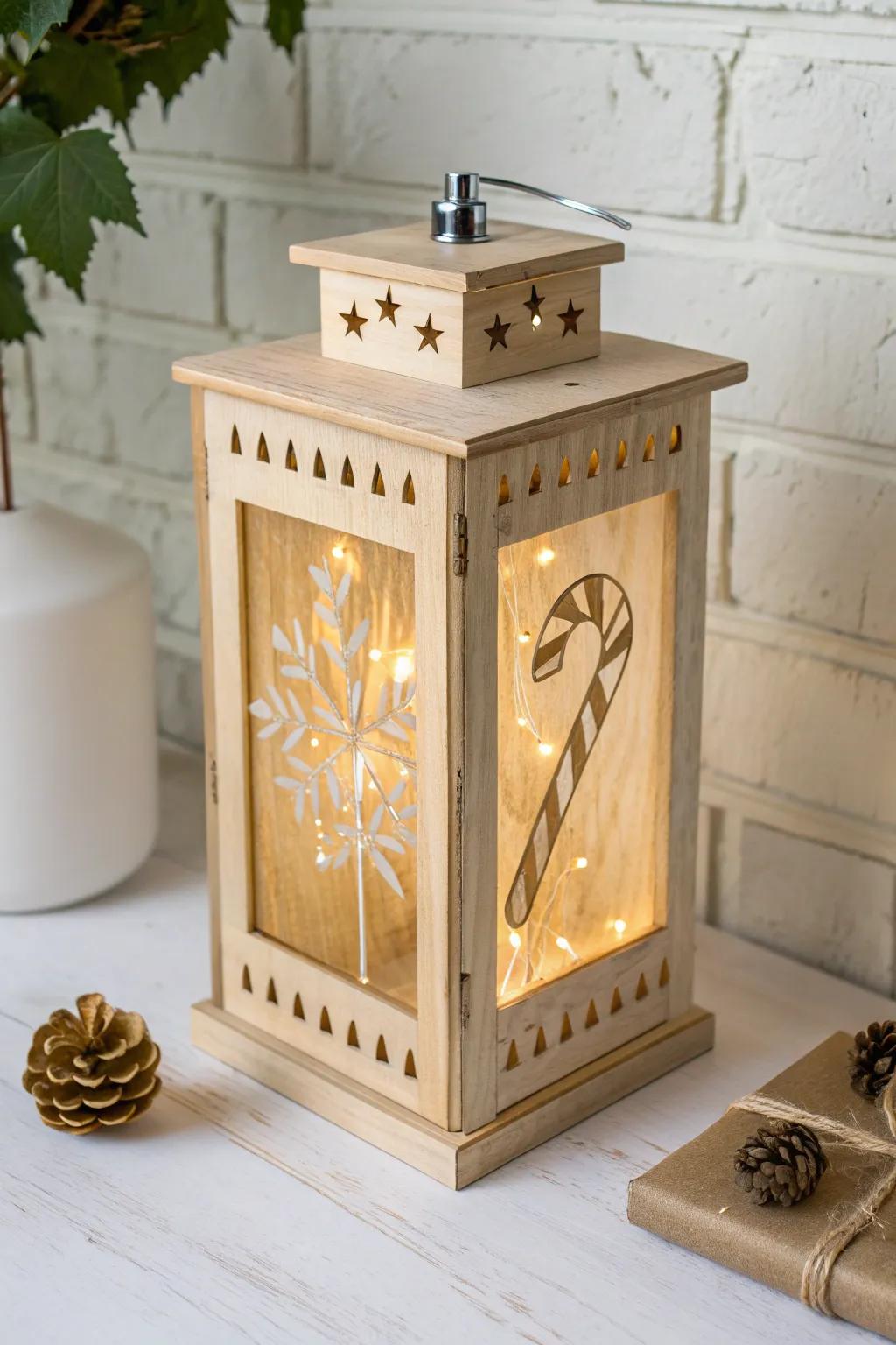 Cozy candy cane lantern silhouettes—sanded edges and warm string lights for a soft holiday glow.