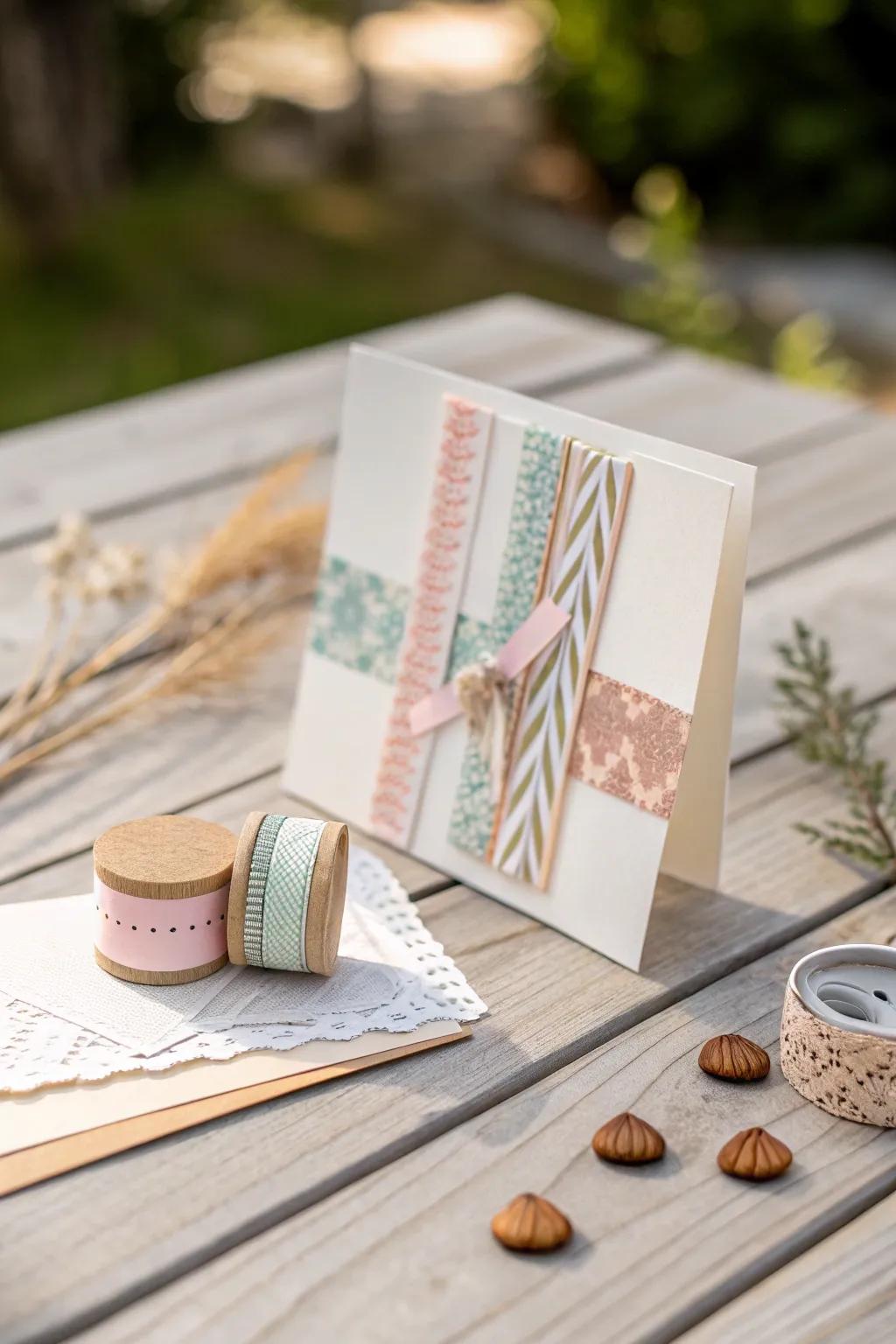 Elevate your card designs with the elegance of washi tapes and wood veneers.