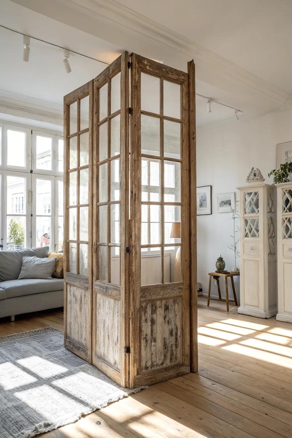 Reclaimed window frame divider: vintage charm, airy light, and clean Scandinavian lines.