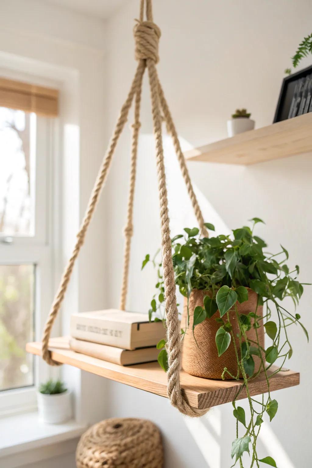 Handmade rope-hung ceiling shelf in light oak—perfect for plants and a few favorite reads.
