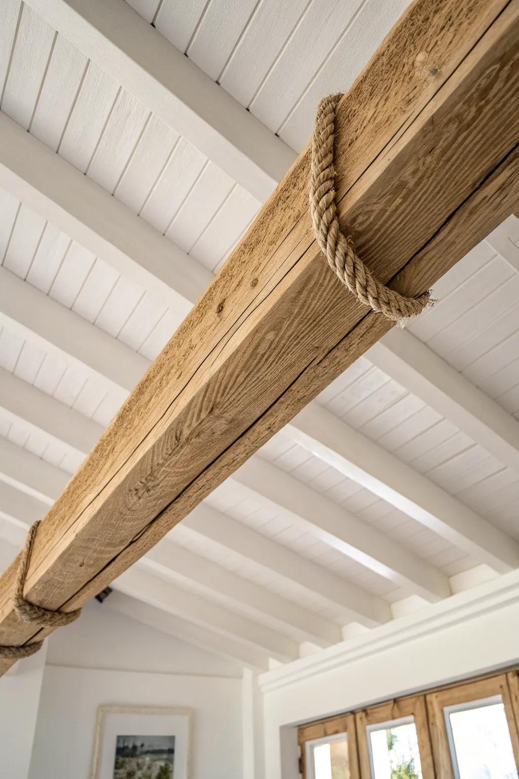 Rope-wrapped beam accent for a cozy ceiling transition—simple, tactile, and handmade.